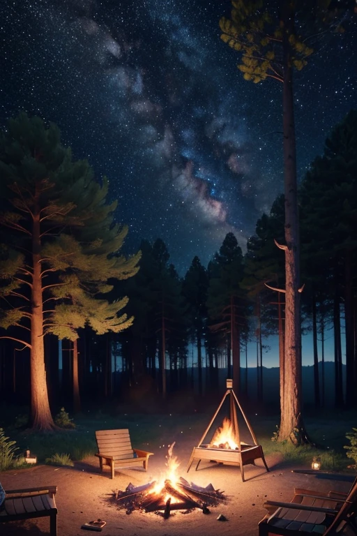 paysage, 夏天, Nuit, woods, Campfire in the same place, uninhabited, personne, starry night sky, HD detail, Ultra Detail, film, hyper realism, Soft Light, Deep Focus Bokeh, Ray Tracing, hyper realism. , Art Station pixiv Gwise, Makoto Shinkai, Art Germ