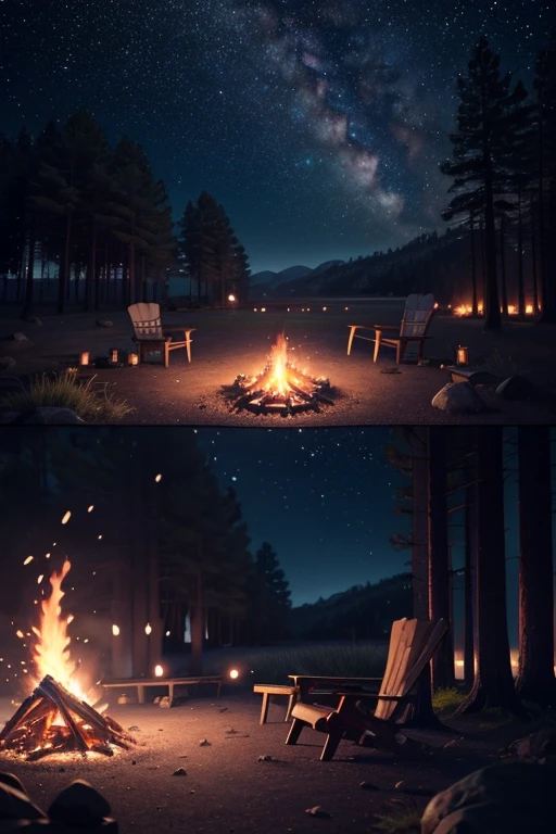 paysage, 夏天, Nuit, woods, Campfire in the same place, uninhabited, personne, starry night sky, HD detail, Ultra Detail, film, hyper realism, Soft Light, Deep Focus Bokeh, Ray Tracing, hyper realism. , Art Station pixiv Gwise, Makoto Shinkai, Art Germ