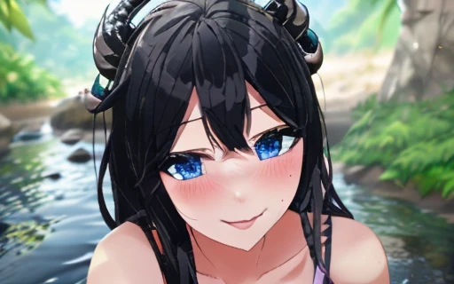 1girl, solo, very young, upper body, short neck, small breasts, child
(soaking in stream:1.2),
dragon tail, female child, ahoge,
blue eyes, jewel-like eyes, extremely detailed eyes, extremely detailed face, closed mouth, smile, happy, naughty face,
water, fish, ocean, two horns , Chinese clothes, eastern dragon,