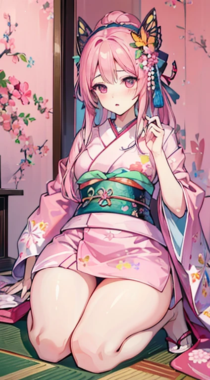 A 26-year-old light-skinned girl, waist-length light pink hair, green eyes, body worked by training medium chest and medium height, her kimono combines white and light pink tones, with some cherry blossom prints. She is embarrassed and tied up by a slime with her arms up and her legs bent and spread while the slime creature envelops her and enters her clothes..