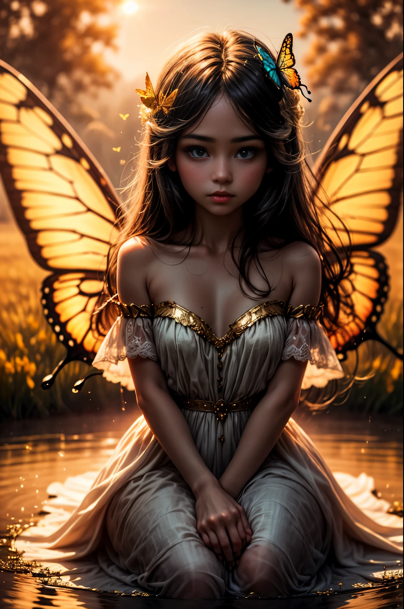 "((Innocent)) girl, golden hour, dreamy meadow, ethereal, whimsical, flowing dress, soft sunlight, enchanting, butterfly wings, (pastel clouds), liquid reflections