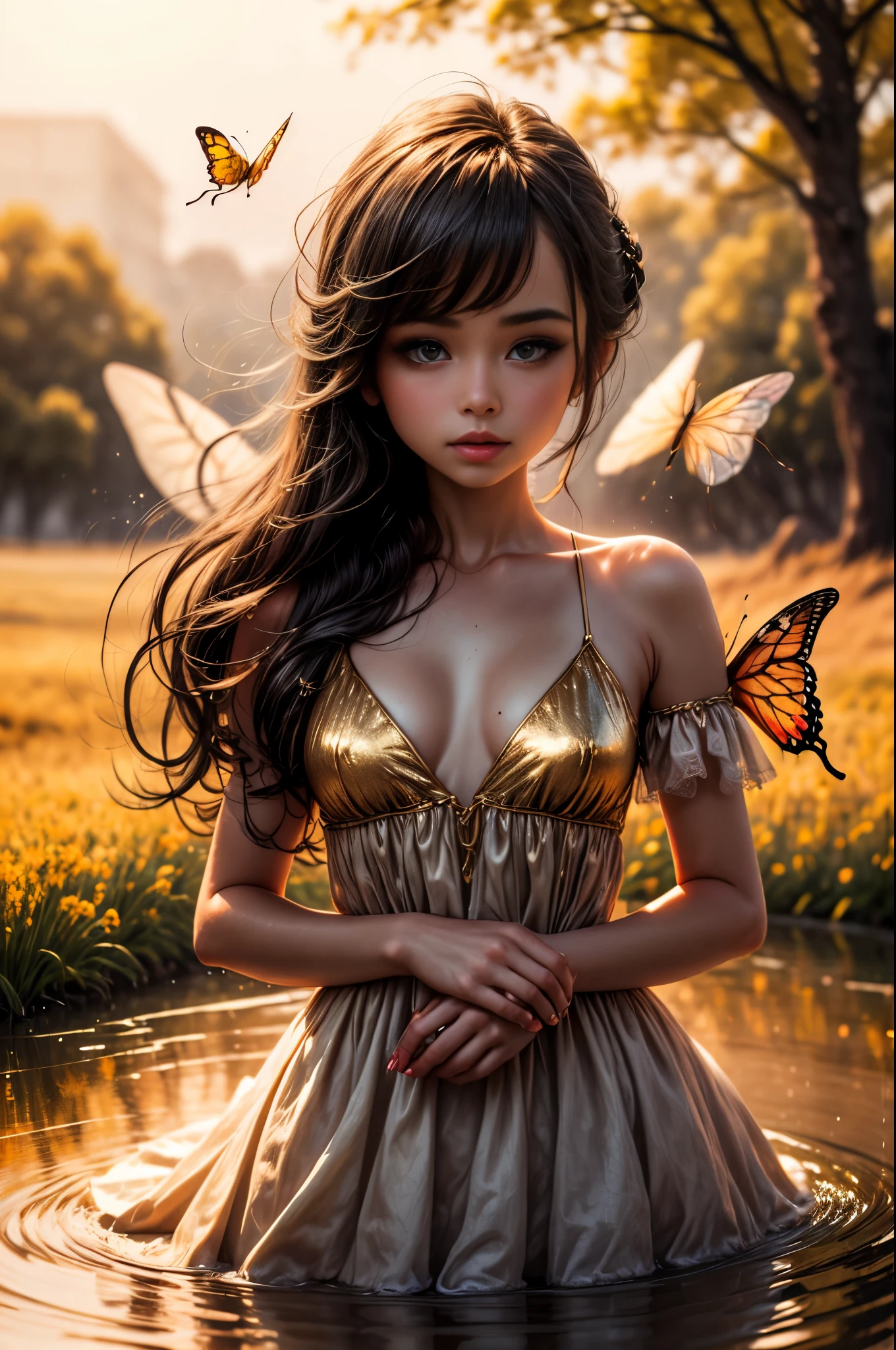 "((Innocent)) girl, golden hour, dreamy meadow, ethereal, whimsical, flowing dress, soft sunlight, enchanting, butterfly wings, (pastel clouds), liquid reflections