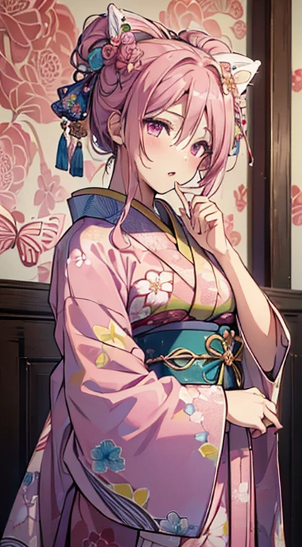 ((8k wallpaper of extremely detailed CG unit, masterpiece, hight resolution, top-quality, top-qualityのリアルテクスチャスキン)), ((a very beautiful woman, Plump lips, The upper part of the body, Japanese pattern haori,)), ((colorful wall with geometric pattern, Japanese pattern wall, warm color, butterflys, florals)), hyper realisitic, digitial painting,Pink hair、Pink eyes、Red kimono