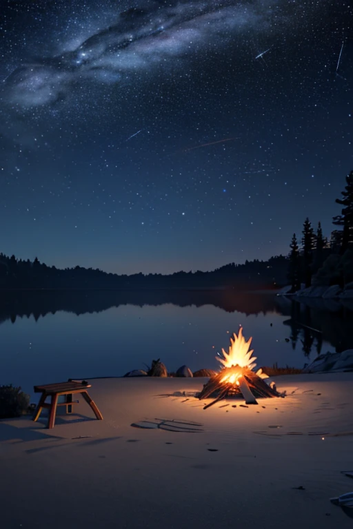 paysage, 夏天, Nuit, woods, Campfire in the same place, uninhabited, personne, starry night sky, HD detail, Ultra Detail, film, hyper realism, Soft Light, Deep Focus Bokeh, Ray Tracing, hyper realism. , Art Station pixiv Gwise, Makoto Shinkai, Art Germ