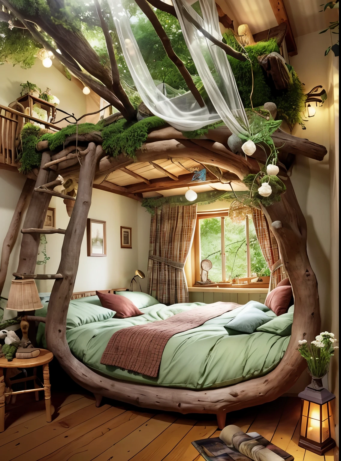 There is a bed,There is a tree in the middle, Comfortable treehouse bedroom, Cozy place, Cozy room, tomas kinkade. Nice comfortable room, Comfortable and attractive scene, Cozy bed, cottagecore!!, Storybook style, Cozy and calm, dreamy and detailed, Flower Jungle Tree House, Soothing and cozy landscape, Cozy and peaceful atmosphere, magical environment、number々award-winning