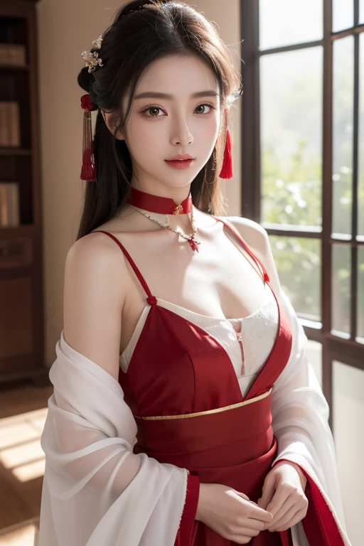 Excellent quality, tmasterpiece, High ResolutiShow on the, 1 girl, Be red in the face, (lusty smile: 0.8), starpupil, Chinese Hanfu, hair adornments, choker necklace, jewely, big breasts beautiful, Show on the_body, dingdall effect, actual, Shadow Room, light edge, Two-tShow on thee Lighting, (highdetailskin: 1.2), 8k ultra high definition, Slr, softlighting, high qulity, Volumetriclighting, photore, High ResolutiShow on the, 4K, 8K, The background is blurred out, Real PersShow on the