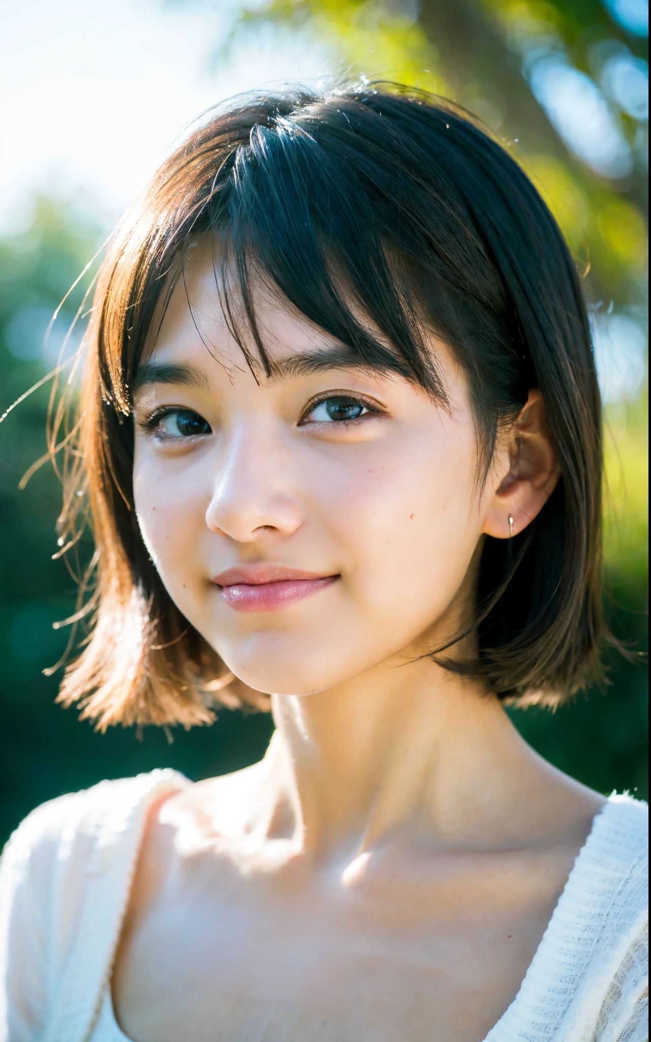 masutepiece, Best Quality, 8K, 1girl in, Good Hand, 14 yo, close up of face, Lively, Active, Life Force, Luminescent, Looking away, Raw photo, F/1.8, 135 mm, NIKON, Anatomically correct, Bokeh,Textured skin, Professional Photography, Portrait, Soft light, Professional Lighting, Solo, (Smile), Cute, Girly, boobs film grain, (Eyes and faces with detailed:1.0), Brown hair, Short hair swaying in the wind, Bangs
