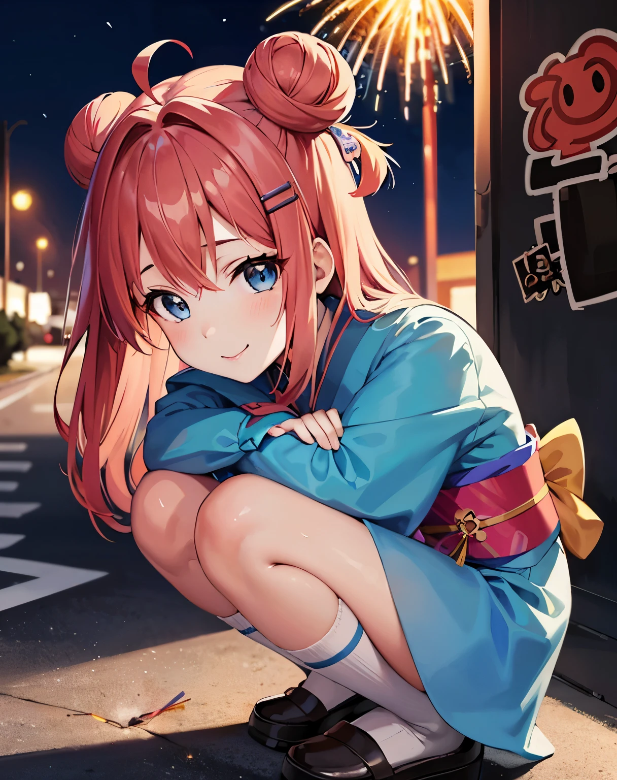 ((masterpiece)), anatomically correct, super detail, high details, high quality, best quality,a girl with red hair and blue eyes crouches down on the ground,(2 buns hair),((1 ahoge)),hair clip, anime visual of a cute girl, cute anime girl, young anime girl, (anime girl), the anime girl is crouching, beautiful anime girl squatting, anime best girl, an anime girl,(akari feature), beautiful anime high school girl, anime moe artstyle,looking at viewer,little smile,(blue eyes),((light blue kimono)),white socks,cowboy shot,outdoor, night time,(night footpath), ((firework background)),(graffiti:1.2),(graffiti wall), ((hand with firework)),handbag