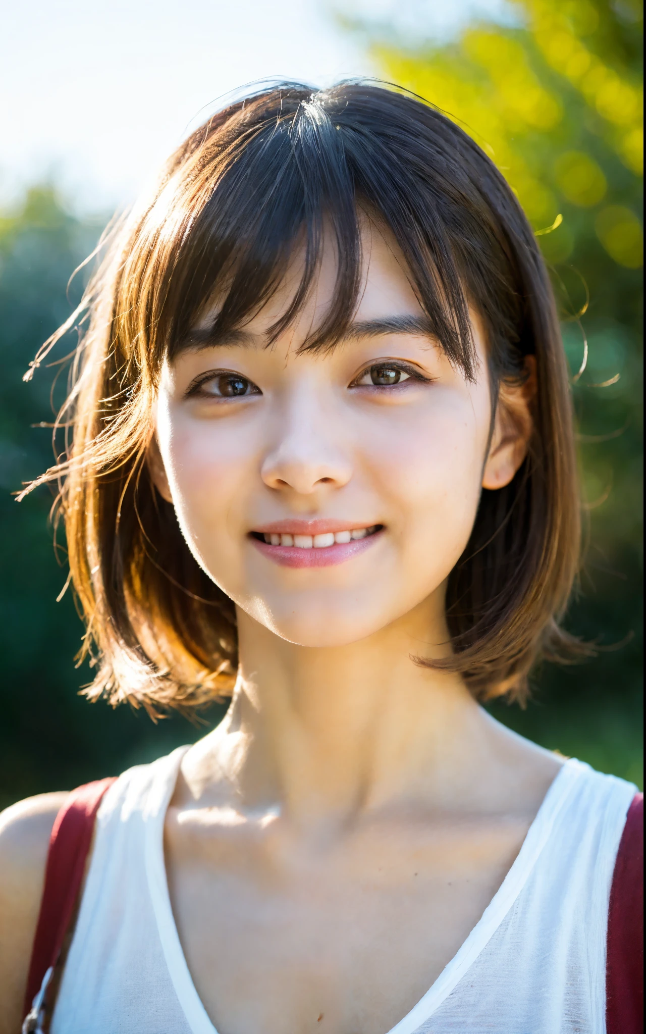 masutepiece, Best Quality, 8K, 1girl in, Good Hand, 14 yo, close up of face, Lively, Active, Life Force, Luminescent, Looking away, Raw photo, F/1.8, 135 mm, NIKON, Anatomically correct, Bokeh，Textured skin, Professional Photography, Portrait, Soft light, Professional Lighting, Solo, (Smile), Cute, Girly, boobs film grain, (Eyes and faces with detailed:1.0), Brown hair, Short hair swaying in the wind, Bangs