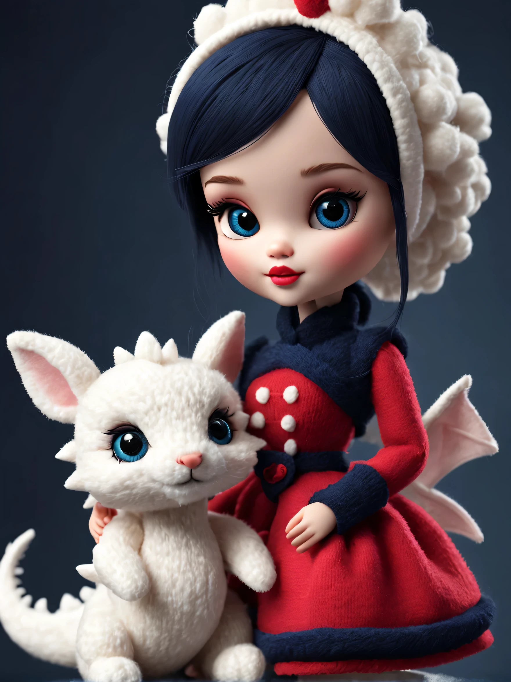 （Plush toy design），Naughty and cute Barbie doll and little dragon，（wool craft），Fluffy ，Cute 3d rendering，Background with：dark navy blue, off white and milnor red，Cute and detailed digital art，Miniature feeling，stylized 3d render，3d rendered figure art 8k，lovely digital painting，Anime style 3D，Ultra-detailed rendering