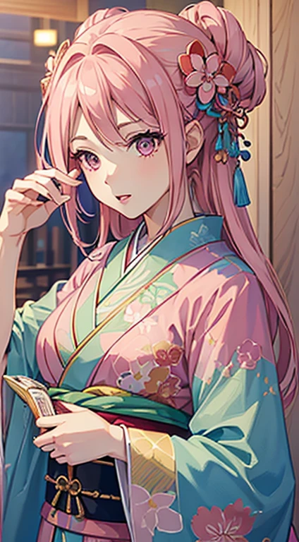 ((8k wallpaper of extremely detailed CG unit, masterpiece, hight resolution, top-quality, top-qualityのリアルテクスチャスキン)), ((a very beautiful woman, Plump lips, The upper part of the body, Japanese pattern haori,)), ((colorful wall with geometric pattern, Japanese pattern wall, warm color, butterflys, florals)), hyper realisitic, digitial painting,Pink hair、Pink eyes、Red kimono