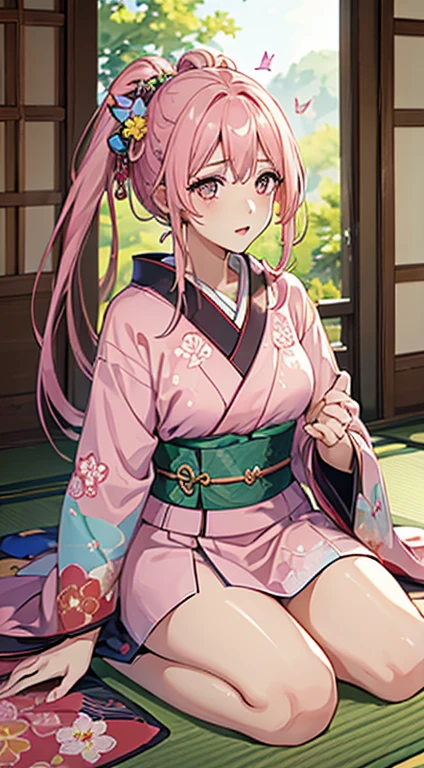 ((8k wallpaper of extremely detailed CG unit, masterpiece, hight resolution, top-quality, top-qualityのリアルテクスチャスキン)), ((a very beautiful woman, Plump lips, The upper part of the body, Japanese pattern haori,)), ((colorful wall with geometric pattern, Japanese pattern wall, warm color, butterflys, florals)), hyper realisitic, digitial painting,Pink hair、Pink eyes、Red kimono