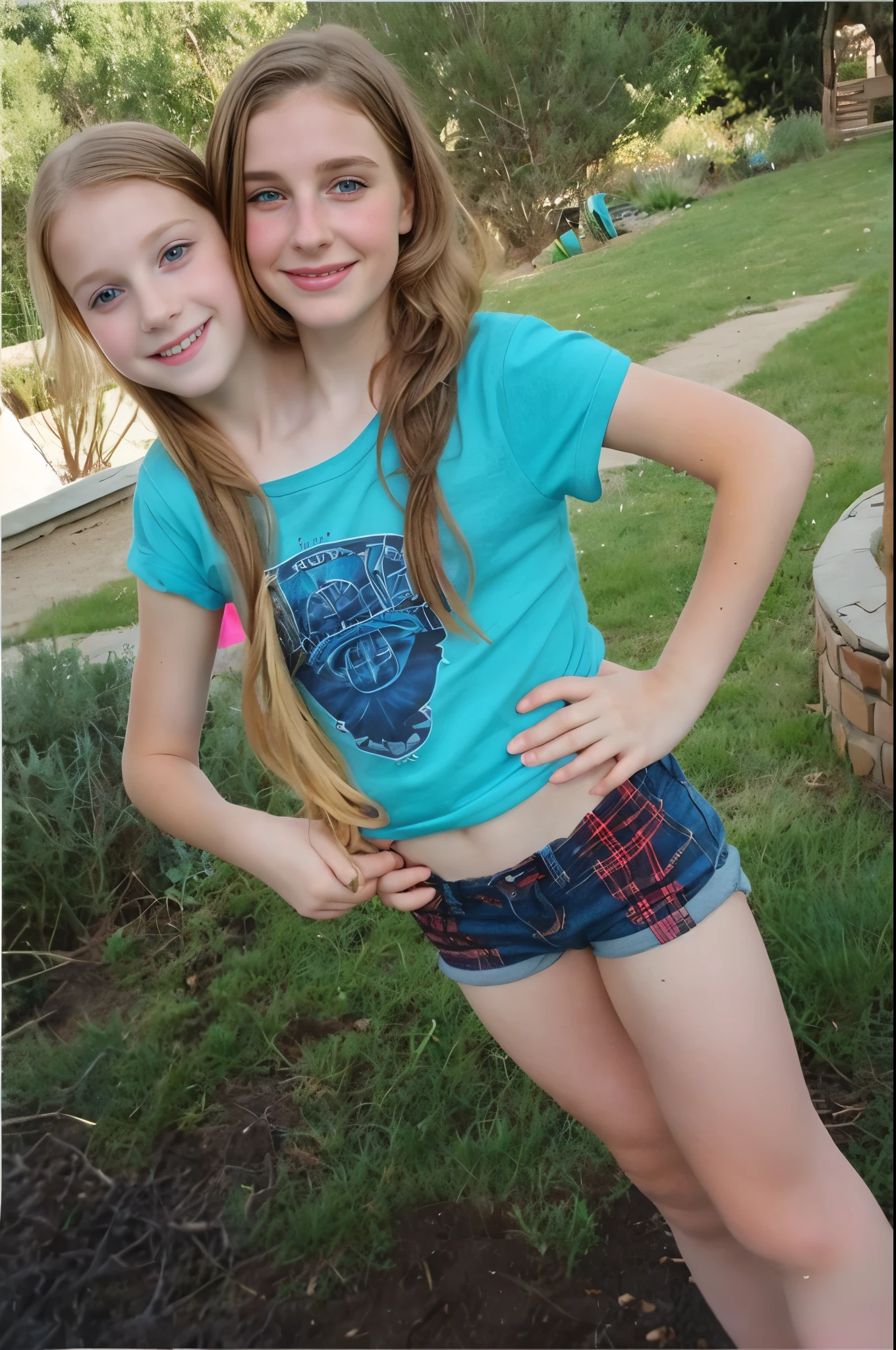2heads, two headed girl, (a 7 year old child and a 25 year old woman:1.5), (a redhead and a blonde:1.3)