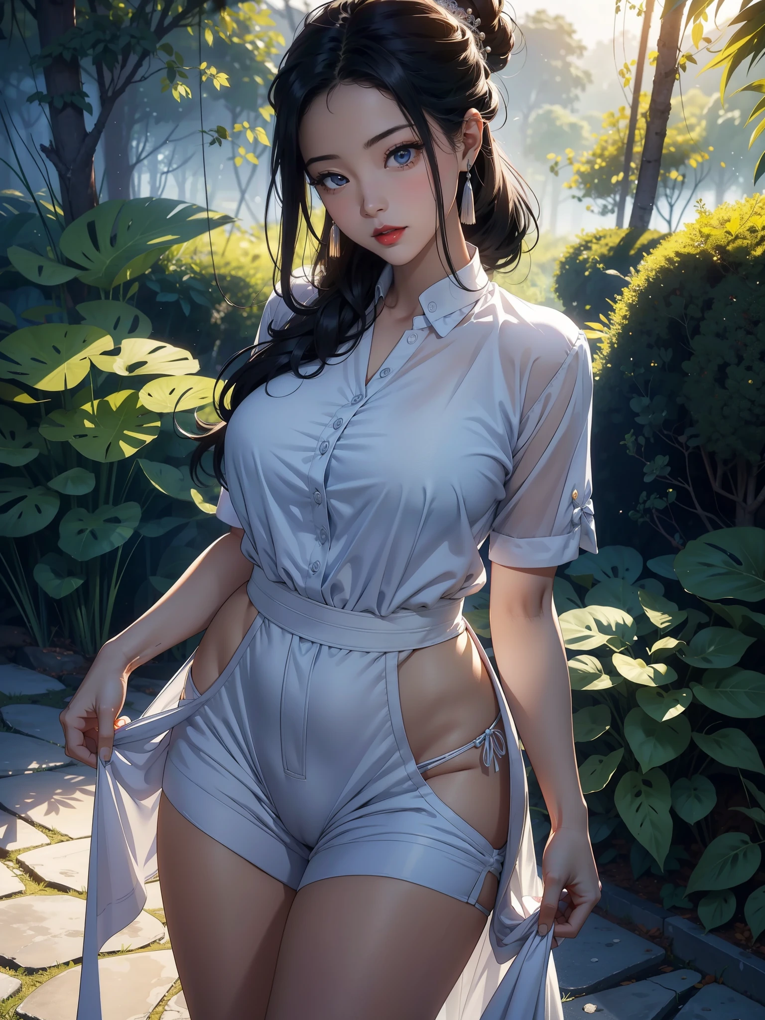 1female,45 yers old,Married woman,Long legs, slim waist, photo exposure, 独奏,(Background with:at a forest,the rainforest,in summer) She has long black hair,Redlip,Stood up,seen from the front, hair-bun, The sky is mostly cloudy,(((tmasterpiece),(Very detailed CG unified 8k wallpaper),Best quality at best,电影灯光,detailed back ground,beautidful eyeright pupils,(very delicate beautiful),(Beautiful and detailed eye descriptions),ultra - detailed,tmasterpiece,)),facing at the camera,A high resolution,ultra - detailed),Pubic hair shows through,device, convex,Camel toes,Raised sexy,pupils(dressed in:Blue school uniform,Lace,naknessakis)a little bit chubby,overmany