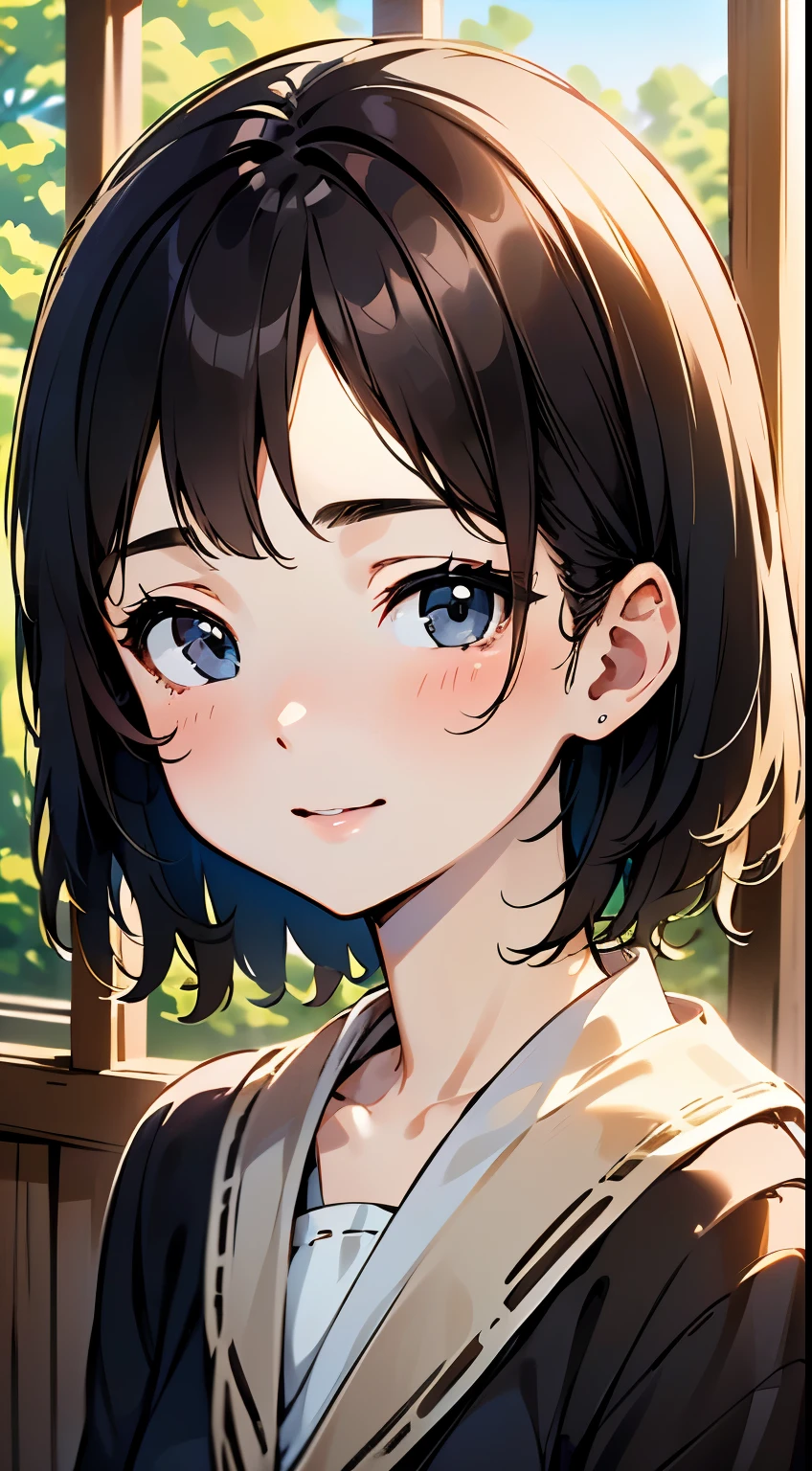),at the sunset,Sunset sky,school buildings,school ground,sixteen years old ,kawaii,Single eyelid,short black hair messy ,School Blazer Uniform,Looking at the camera,A smile,Bust-up shot,natural soft light,(top-quality,8K picture quality,​masterpiece:1.3),(hight resolution,Photorealsitic:1.4,Raw photography),(ultra-detailliert,Caustics,Detailed background),(Ultra-realistic capture,Beautifully detailed skin,perfect anatomia