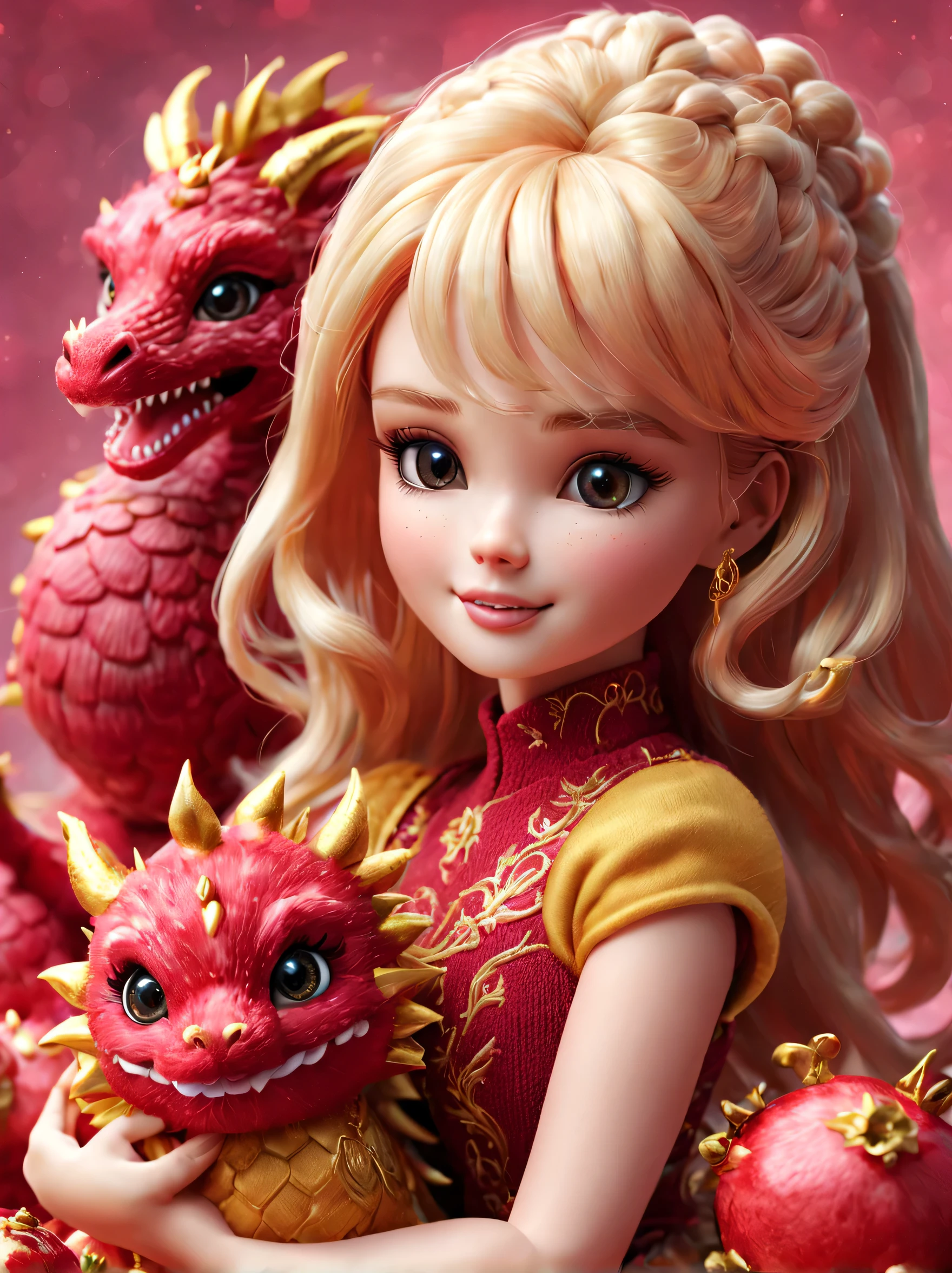 （Plush toy design），Happy cute barbie doll and dragon，（wool craft），Fluffy ，Cute 3d rendering，Background with：Pomegranate red+Bright gold，Cute and detailed digital art，Miniature feeling，stylized 3d render，3d rendered figure art 8k，lovely digital painting，Anime style 3D，Ultra-detailed rendering