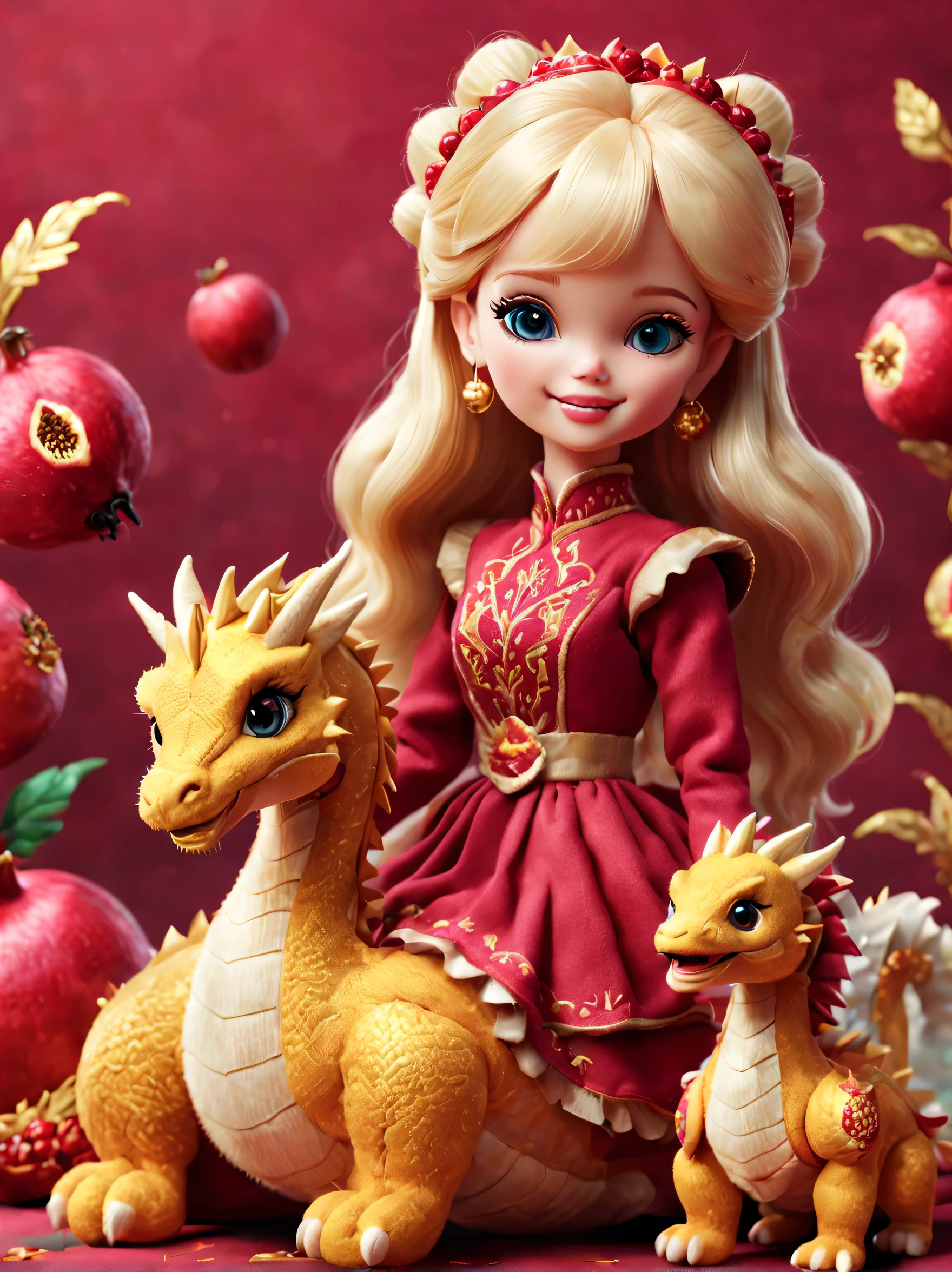 （Plush toy design），Happy cute barbie doll and dragon，（wool craft），Fluffy ，Cute 3d rendering，Background with：Pomegranate red+Bright gold，Cute and detailed digital art，Miniature feeling，stylized 3d render，3d rendered figure art 8k，lovely digital painting，Anime style 3D，Ultra-detailed rendering