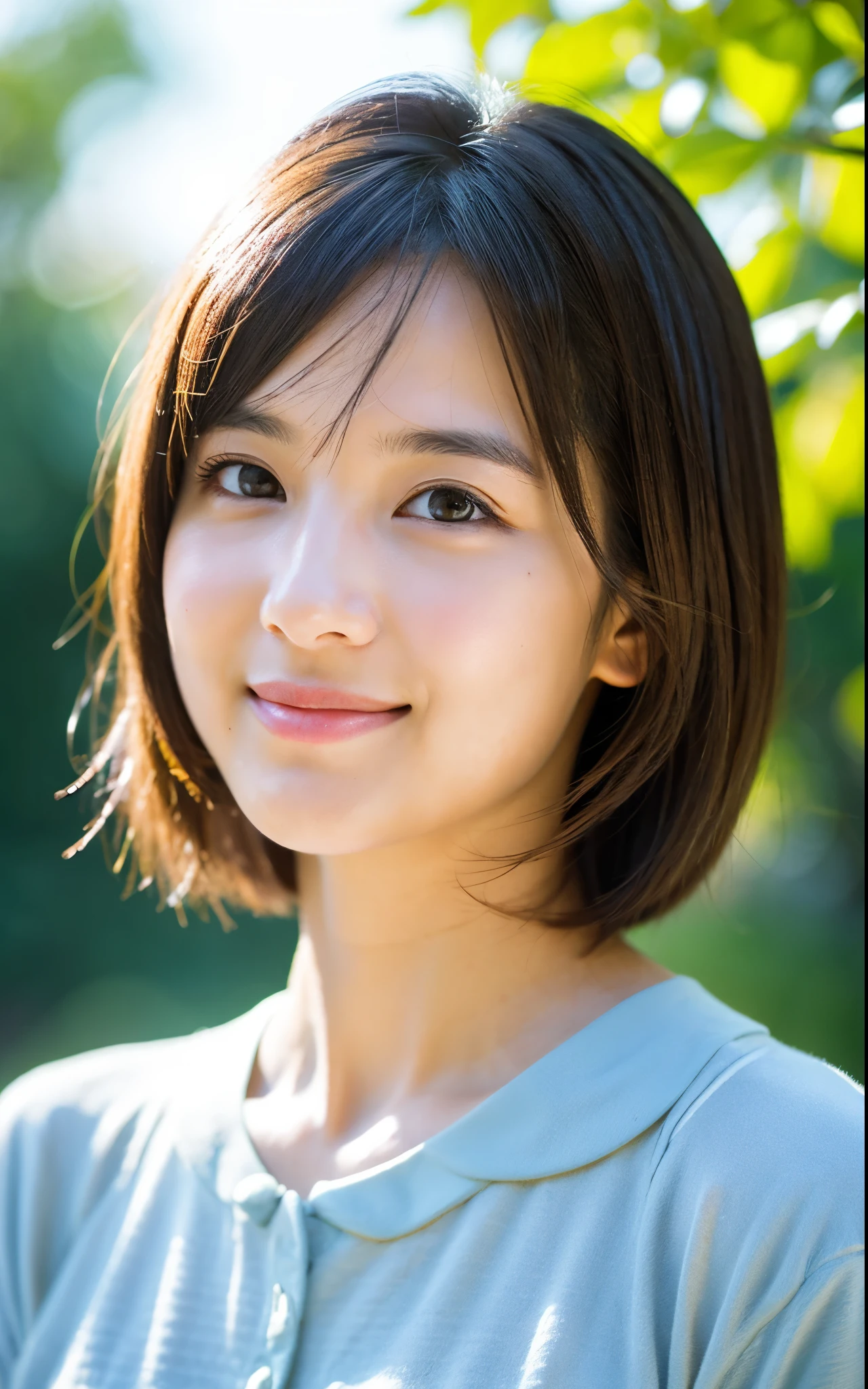 masutepiece, Best Quality, 8K, 1girl in, Good Hand, 14 yo, close up of face, Lively, Active, Life Force, Luminescent, Looking away, Raw photo, F/1.8, 135 mm, NIKON, Anatomically correct, Bokeh，Textured skin, Professional Photography, Portrait, Soft light, Professional Lighting, Solo, (Smile), Cute, Girly, boobs film grain, (Eyes and faces with detailed:1.0), Brown hair, Short hair swaying in the wind, Bangs