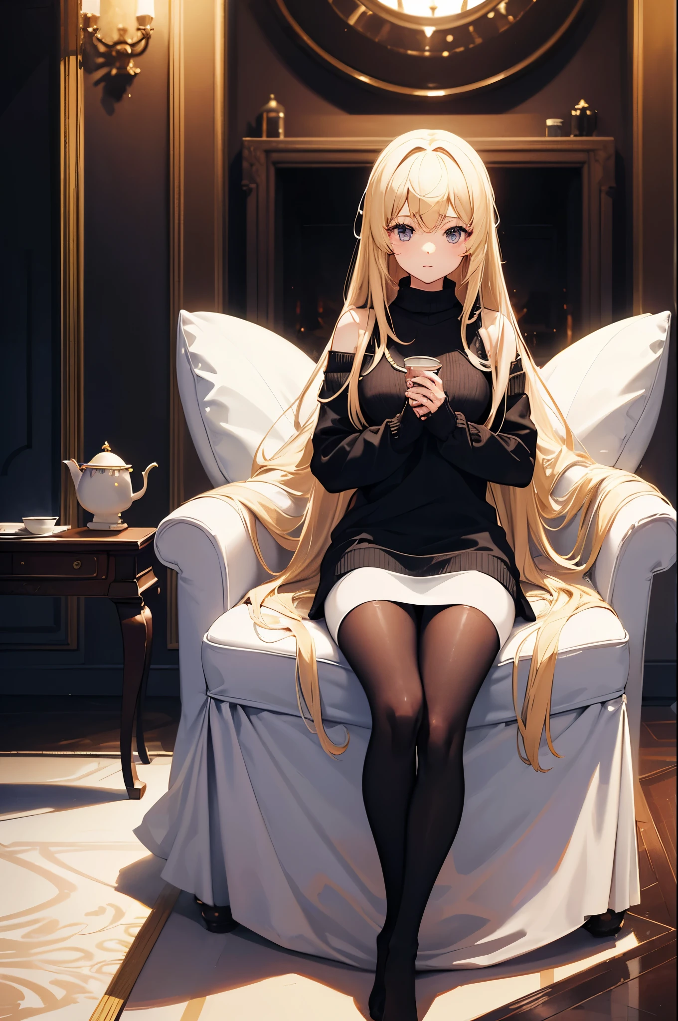 A high resolution, absurd res, high qulity, 1 girl, Alone, Count Zeppelin /(cancolle/), With gray eyes, Blonde hair, (:1.3), sitted, fireplace, dark chamber, Sweaters, lacepantyhose, teas