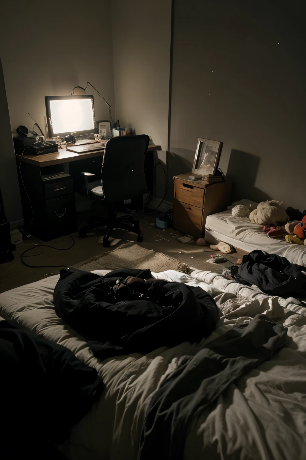 Messy bedroom dark at night