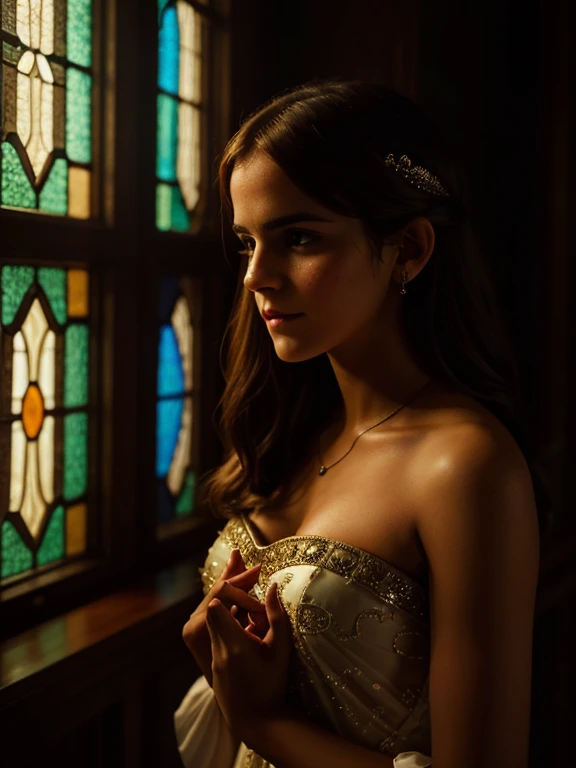 Emma Watson as 20 year old Tamil girl, wearing strapless mini gown, high heels, mesmerizing eyes, eyes symmetry, face symmetry, (best quality,4k,ultra-detailed,realistic:1.37), candlelit, mysterious atmosphere, bookshelves stretching to the ceiling, vintage desk lamps, old-fashioned leather-bound books, dusty tomes, flickering shadows, quiet whispers, hidden corners, soft moonlight streaming through stained glass windows, magical aura, intense emotions, anticipation, longing, secrecy, romantic tension, pensive expression, gentle smile, time standing still, perfect moment captured, chiaroscuro lighting, deep colors, enchanting ambiance, breathless silence, heavy budget lighting