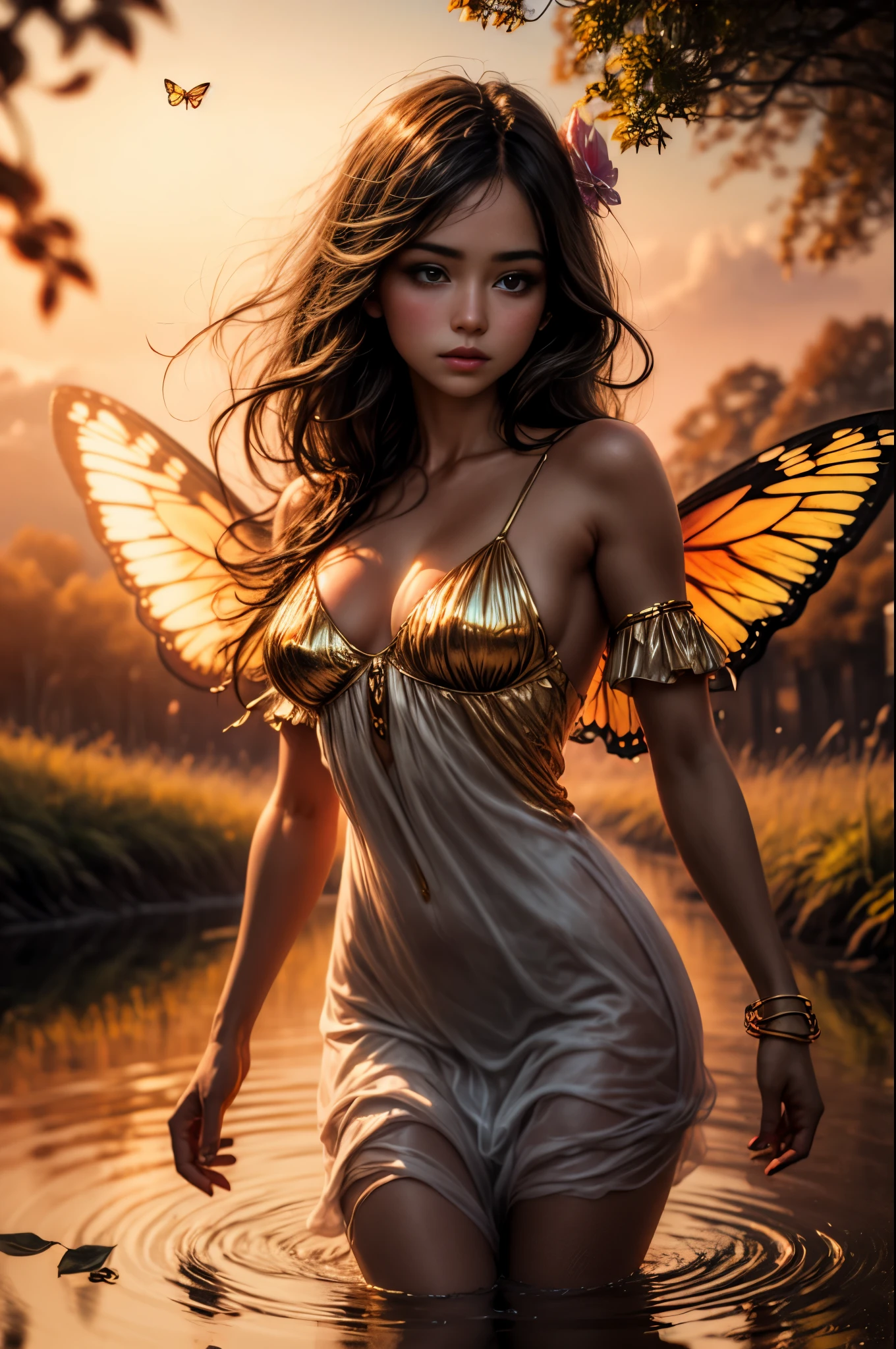 "((Innocent)) girl, golden hour, dreamy meadow, ethereal, whimsical, flowing dress, soft sunlight, enchanting, butterfly wings, (pastel clouds), liquid reflections