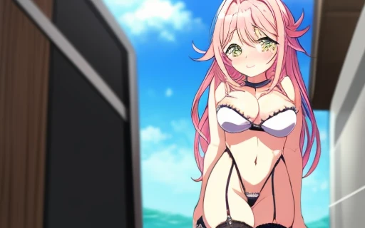 pink hair anime girl torn bikini stocking