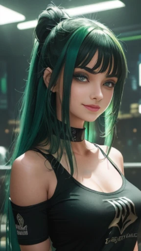 miku hatsune,steampunc, Green hair,, Color Chip, , Parted lips, Red Lipstick、fullmoon,Cool、Night、neons、Future、Concept art、Painting、Illuminated、a closeup、Detailed light、backlit glow。Rainy night in cyberpunk city with glowing neon lights。Dynamic and dynamic composition。