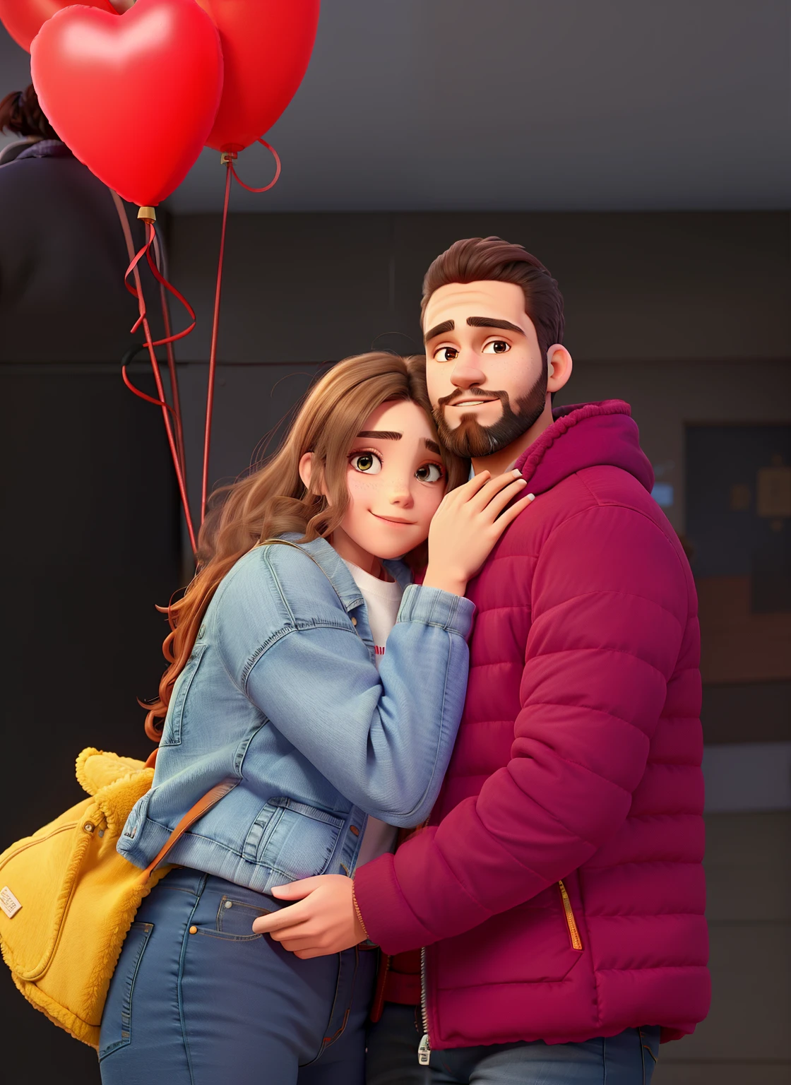 Casal qualidade alta, girl with jeans shirt , men with fluffy red jacket, cute couples, normal beard men