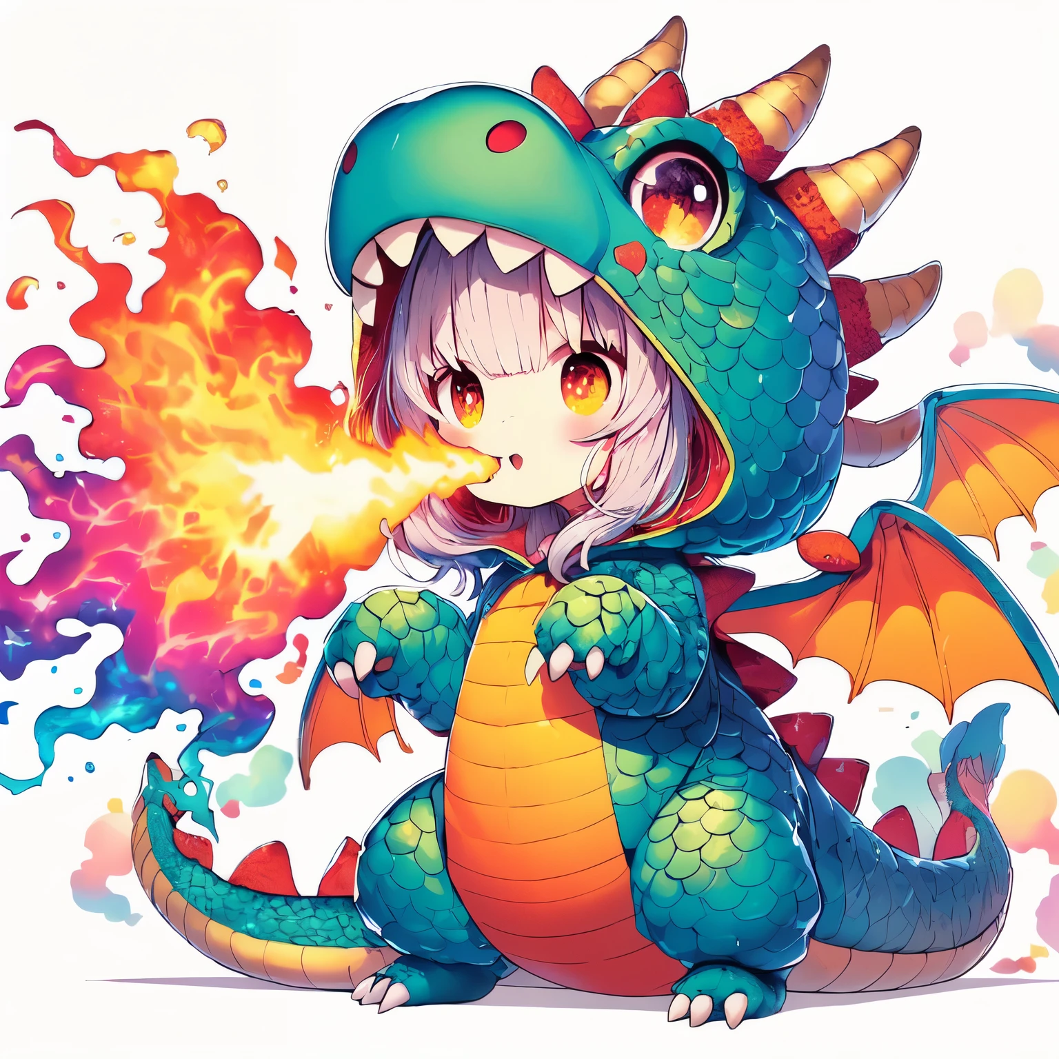 quality: hight resolution, Focus on blending and shading、Vibrant colors that give a three-dimensional effect, 鱗やダイナミックな火の流れなどのquality感のあるディテールを強調. break angle: A low-angle front view that creates a majestic atmosphere, Focus on the character's facial expressions and the flames directed at the viewer.. BREAK Character: Big Girl, expressive amber eyes, He wears a dragon costume with fine scales., Wings, and the tail is in shades of blue and orange, playfully spit out flames. Break Background: Abstract swirls of color representing whimsy, Magical atmosphere, Mixed with the color of fire signifies warmth and energy.