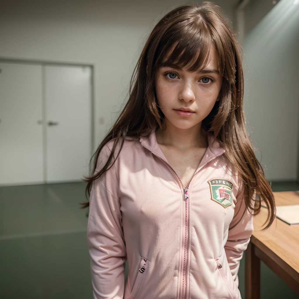 1girl, cute brunette girl, hair bangs, pink sport suit, green eyes, ultra realistic soft skin, extreme detail, high masterpiece, 8k, photography, studio light, ultra realistic lighting, high realistic ray tracing, RAW photo, photo studio, perfect detailed cute face, perfect age details, school corridor, freckles
