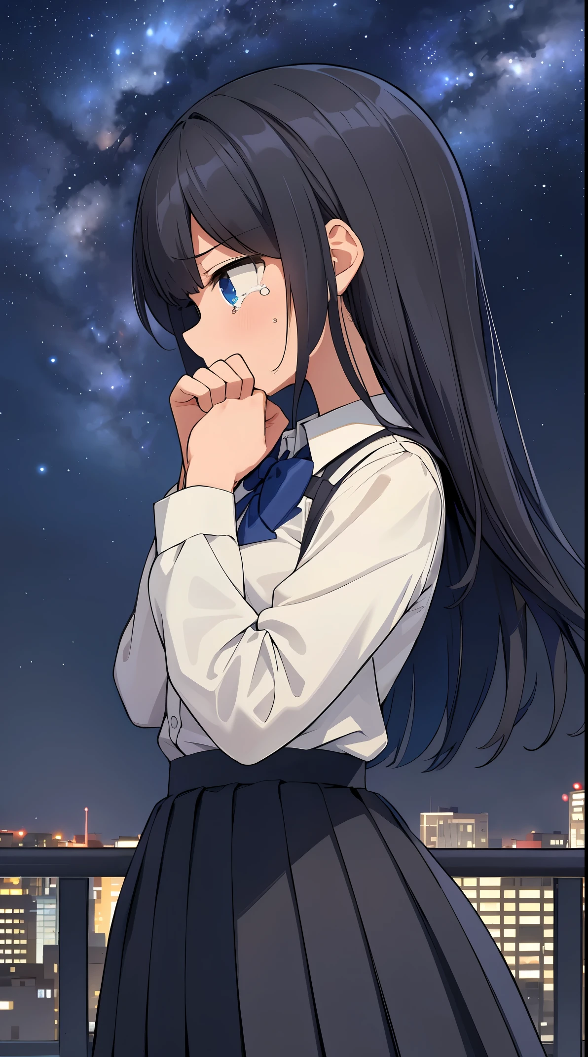 (in 8K, Raw photography, Best Quality, masutepiece: 1.2), high-definition RAW color photography, Professional photography, Cinematic Light, (1girl in), Solo, ((A dark-haired, inner colored hair)), hair messy, slenderbody, ((A face tinged with joy, shed tears)), full-face blush, School uniform, Collared shirt, blazers, Long sleeves, , a black pleated skirt, (((Pose looking up at the sky, profile))), Hands folded under the chest, Observation Deck, Night, Night view, Spreading night view, ((The Expanding Milky Way, Beautiful starry sky)), profile, Face close-up shot,