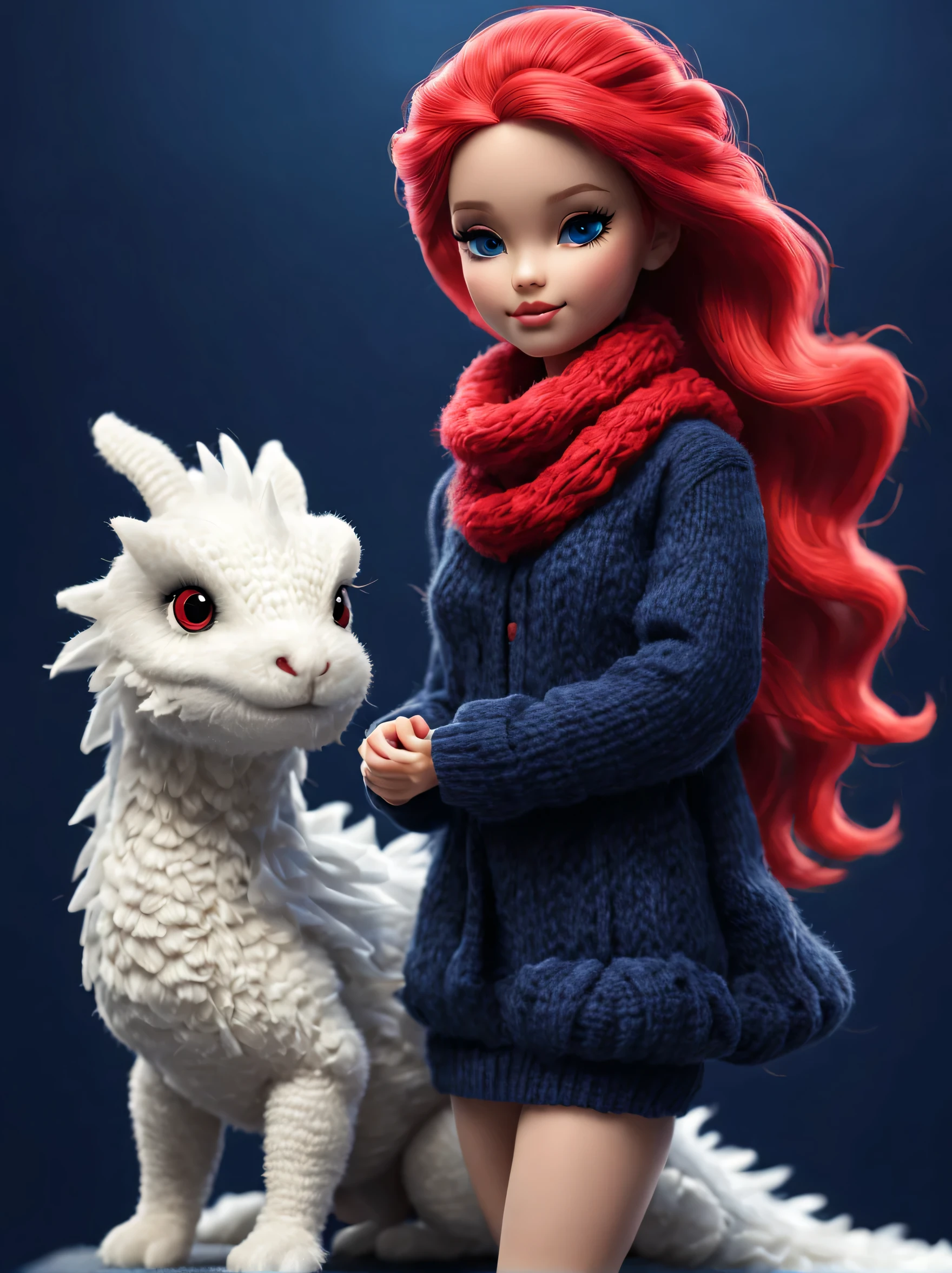 (Plush toy design),Naughty and cute Barbie doll and little dragon,(wool craft),(Fluffy:0.68) ,Winter high fashion with sweaters and scarves, Cute 3d rendering,Background with:dark navy blue+fiery red,,Cute and detailed digital art,Miniature feeling,stylized 3d render,3d rendered figure art 8k,lovely digital painting,Anime style 3D,Ultra-detailed rendering