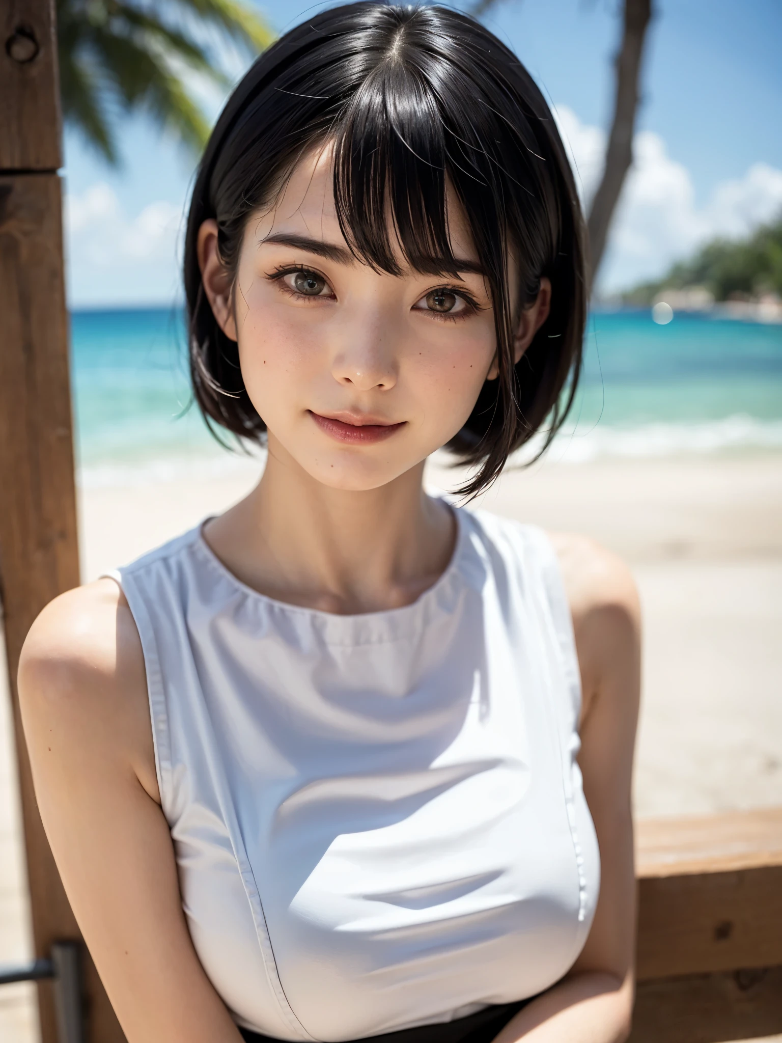 1人、top-quality、realisitic、report、depth of fields、natural soft light、during daytime、魅惑的、beauitful face、Cleanliness、Pure face、de pele branca、cute hawk hair、bangss、the beach、rays of sunshine、Nedium Breast Body Esbian、((Attractive see-through costume、Golden Ratio Beauty Face、 Beautiful symmetrical face))、long neck、Put your ears out、bangssのあるきれいな短いボブヘア、Smile with your mouth closed:1.4、Smile with your mouth closed:1.4、perfect hand指、perfect hand、Perfect body、face perfect、Shine a light into the eyes、Perfect Anatomy:1.4、very cute super model:1.4、sexual:1.4