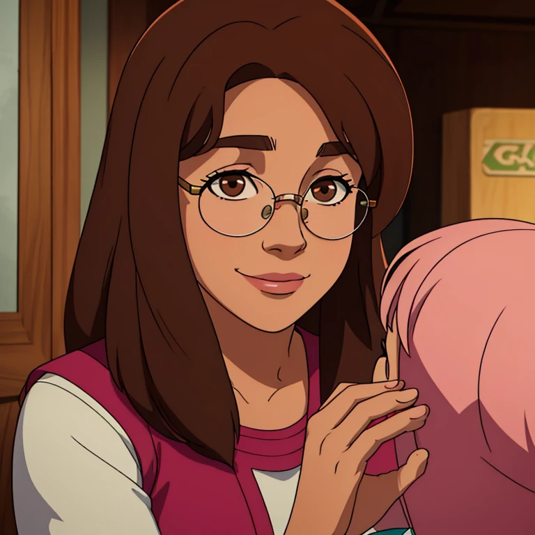 "Only one girl. a Brazilian character: a sweet, 10 to 12-year-old, overweight, white girl from Rio de Janeiro with a medium-length long bob hairstyle. Her hair is brown with pink-tipped ends. She's a geek and gamer, wears glasses(Harry potter style), she has a brown eyes and has an amiable expression with a gentle smile."