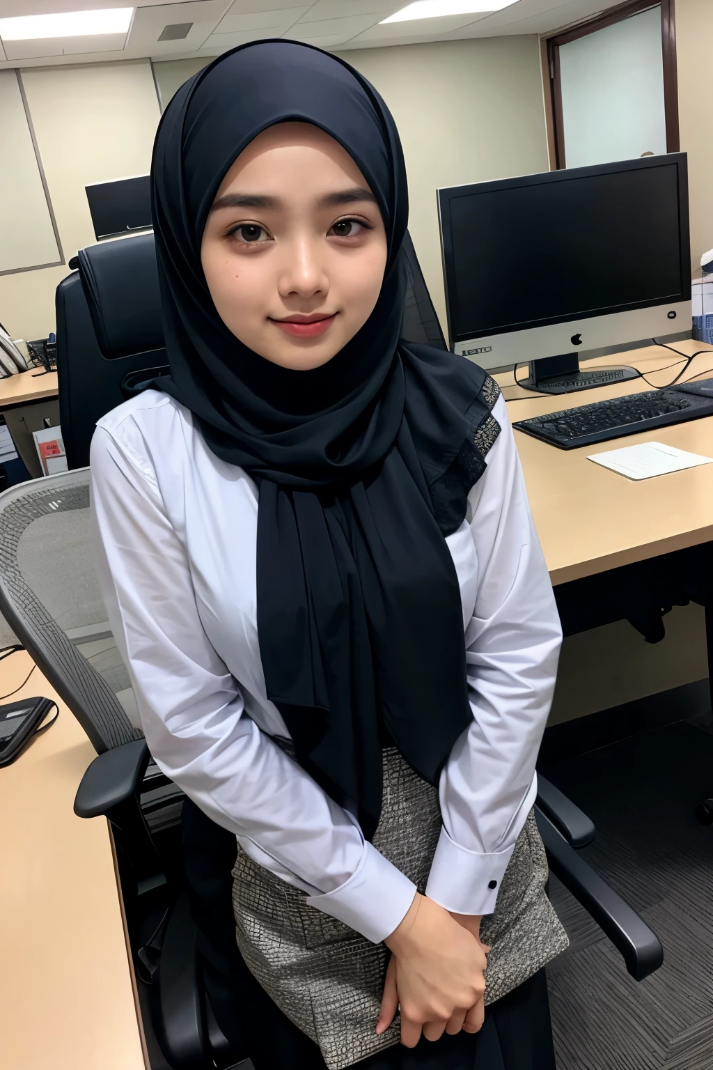 a beautiful malay girl wearing hijab, and dress, doing work in office