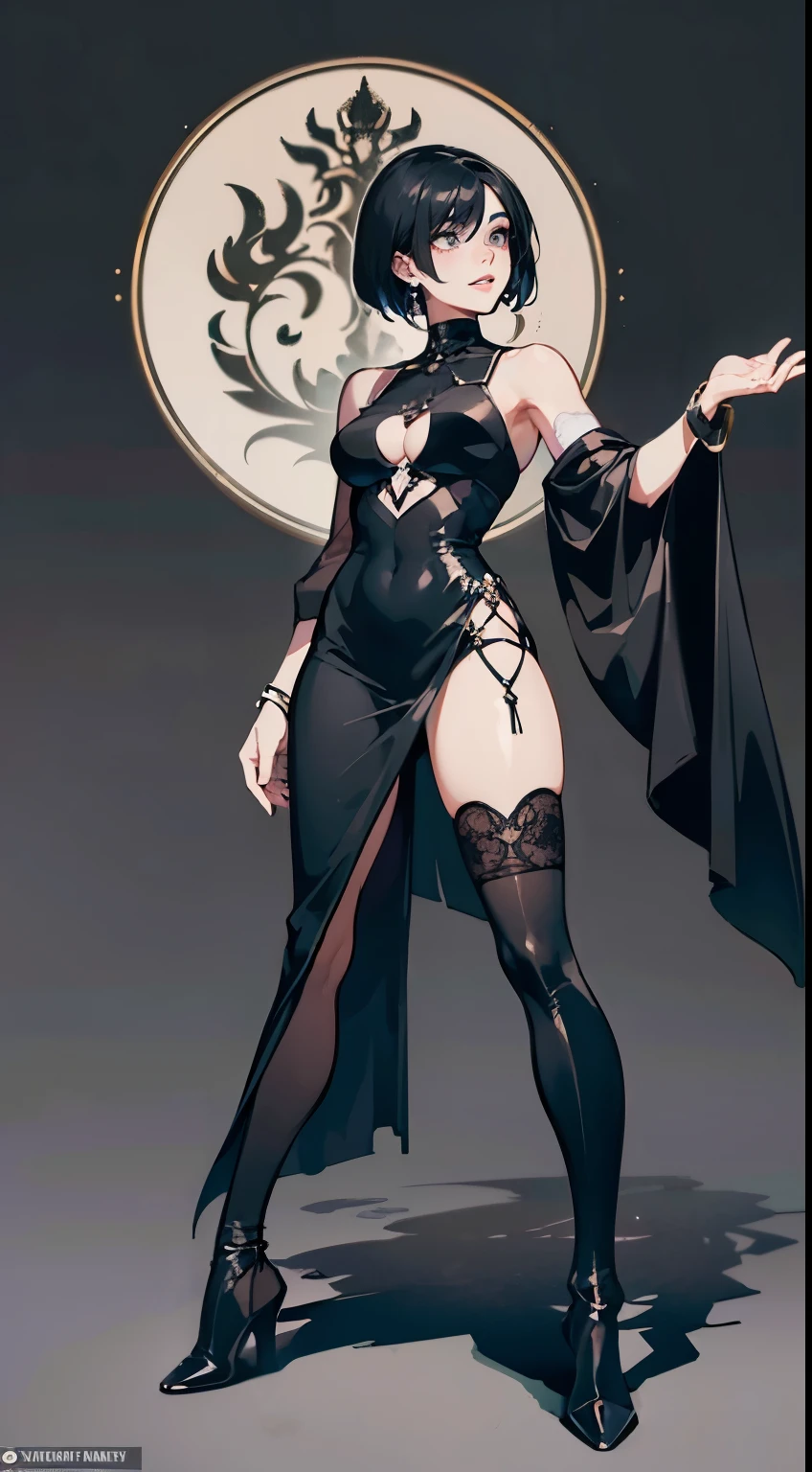 ((masterpiece,best quality,8k,highres)),((character concept art)), 1 female, young female adult, goth girl, 165cm height, short bob hairstyle (black hair colour), ultra finely detailed eyes (grey eyes colour), extraordinary gorgeous, charming, smirk smile, shapely breasts, hourglass body shape ((muscular)), ((intricate detail)), super finely detailed hands, ultra finely detailed fingers(((ten fingers))), sleeveless gothic outfit (black colour outfit)(stylish), black knee high boots, earrings, necklace, bracelet, (standing still), (full body showcase), (show full body), (no logos on background), (no logo), ((plain background)), ((plain background)), (((empty background)))