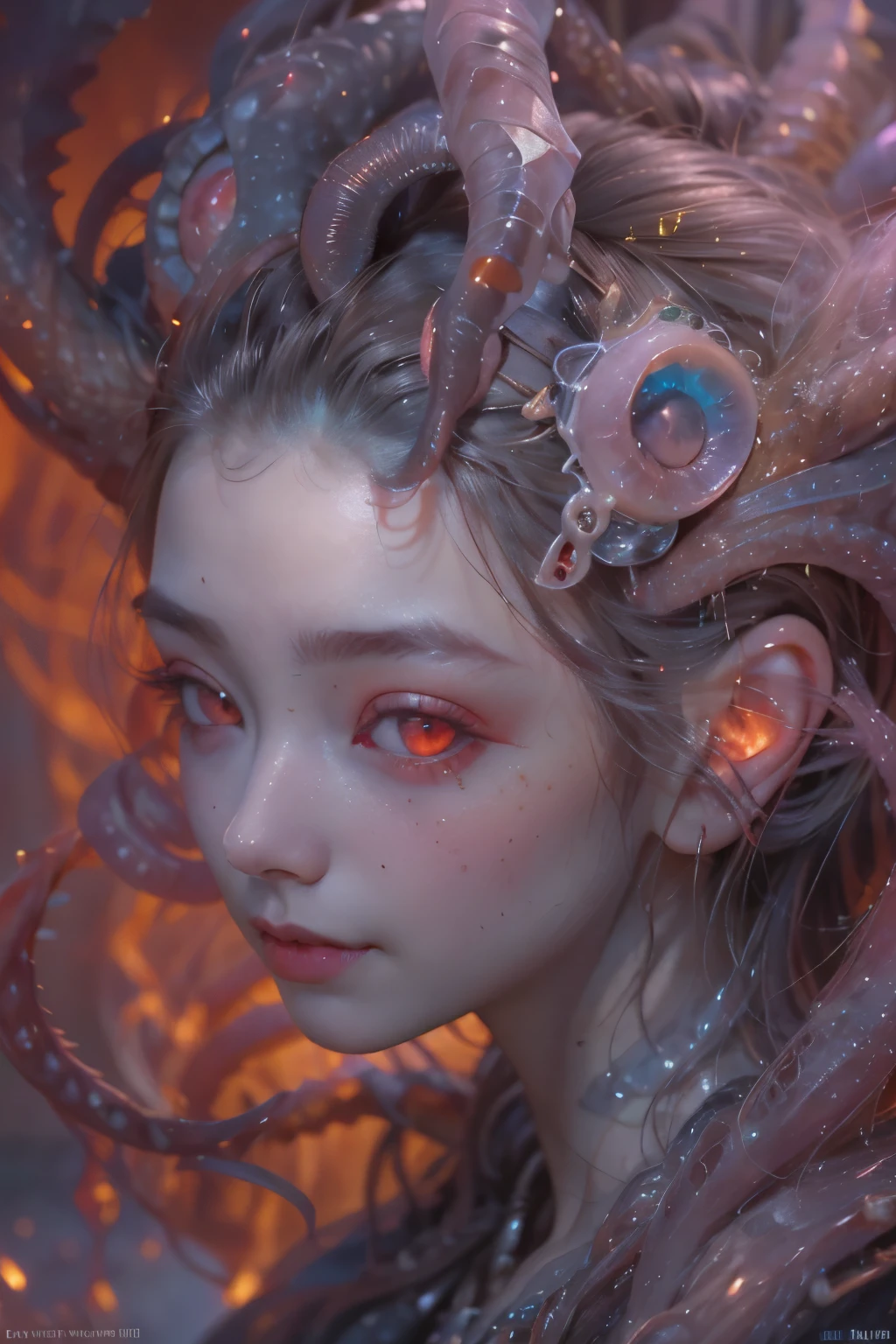 Portrait, (beautiful female alien:1.2), (she has red eyes with no pupils:1.8), (Translucent skin:1.7), (There is a female genital-like organ in the middle of the forehead:1.9), (The most beautiful face in the history of the universe:1.2),an evil gaze that seduces, (large mouth:1.1), (sharp teeth like a vampire:1.2), Full body like, (bio luminescent:1.5), (Smile wickedly:1.3), (sexypose:1.5), alien, No humans, cells are fused, (Lots of translucent tentacles:1.3) extraterrestrial, cell, bio image, Best Quality, 8K,4K_quality, High Definition, Dramatic Lighting, masutepiece:1.5,cinematic quality, detail up, (Intricate details:1.2), High resolution, High Definition, drawing faithfully, (Thick eyebrows:1.2), Beautiful eyes with fine symmetry,(Highly detailed face and eyes:1.2), Intimate face, (Super detailed skin quality feeling:1.4), Perfect ???????, (Beautiful toned body:1.5), (Moist skin:1.2), No makeup, (dark circles:1.1), long canines, cinematic drawing of characters, ultra high quality model, cinematic quality, detail up, (Intricate details:1.2), High resolution, High Definition, drawing faithfully, Official art, Unity 8K wall , 8K Portrait, Best Quality, Very High resolution, ultra detailed artistic photography, midnight aura, unreal enginee 5, Ultra Sharp Focus, art by alberto seveso, ArtGerm, Roisch, intricate artwork, best quality, masutepiece, ultra High resolution, (photos realistic:1.4), Ultra-realistic realism, dream-like, nautilus, Creation of fantasy, Snail, Dream Snail, biopunk nautilus, Thrilling color schemes, Ultra-realistic realism, seductively smiling, Blue tentacles,