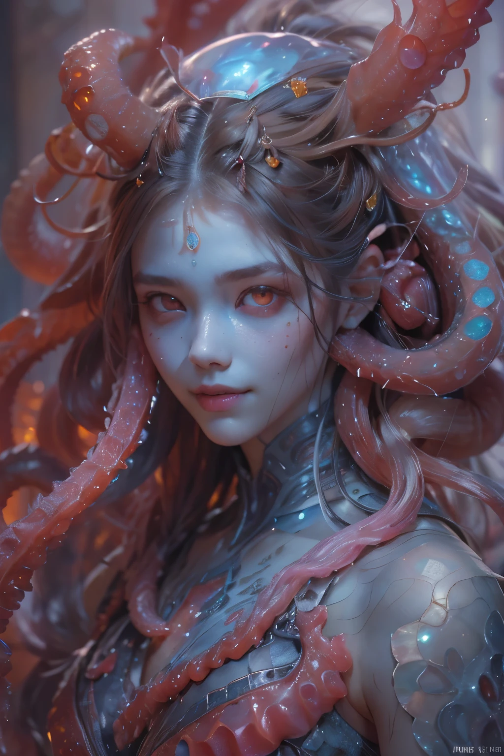 Portrait, (beautiful female alien:1.2),  (she has red eyes with no pupils:1.8), (Translucent skin:1.7),  (There is a female genital-like organ in the middle of the forehead:1.9), (The most beautiful face in the history of the universe:1.2),an evil gaze that seduces, (large mouth:1.1), (sharp teeth like a vampire:1.2), Full body like, (bio luminescent:1.5), (Smile wickedly:1.3),  (sexypose:1.5), alien, No humans, cells are fused, (Lots of translucent tentacles:1.3) extraterrestrial, cell, bio image, Best Quality, 8K,4K_quality, High Definition, Dramatic Lighting, masutepiece:1.5,cinematic quality, detail up, (Intricate details:1.2), High resolution, High Definition, drawing faithfully, (Thick eyebrows:1.2), Beautiful eyes with fine symmetry,(Highly detailed face and eyes:1.2), Intimate face, (Super detailed skin quality feeling:1.4), Perfect Anatomy,  (Beautiful toned body:1.5),  (Moist skin:1.2), No makeup, (dark circles:1.1), long canines, cinematic drawing of characters, ultra high quality model, cinematic quality, detail up, (Intricate details:1.2), High resolution, High Definition, drawing faithfully, Official art, Unity 8K wall  , 8K Portrait, Best Quality, Very High resolution, ultra detailed artistic photography, midnight aura,  unreal enginee 5, Ultra Sharp Focus, art by alberto seveso, ArtGerm, Roisch, intricate artwork, best quality, masutepiece, ultra High resolution, (photos realistic:1.4), Ultra-realistic realism, dream-like,  nautilus, Creation of fantasy, Snail, Dream Snail,  biopunk nautilus, Thrilling color schemes， Ultra-realistic realism， seductively smiling, Blue tentacles,