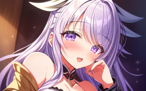 (Masterpiece, Best Quality), Female, Raiden Ei, Purple Hair, Purple Eyes, Kind, Considerate, Shy, Funny, Love myself, Faithful,  Wearing a purplish white dress