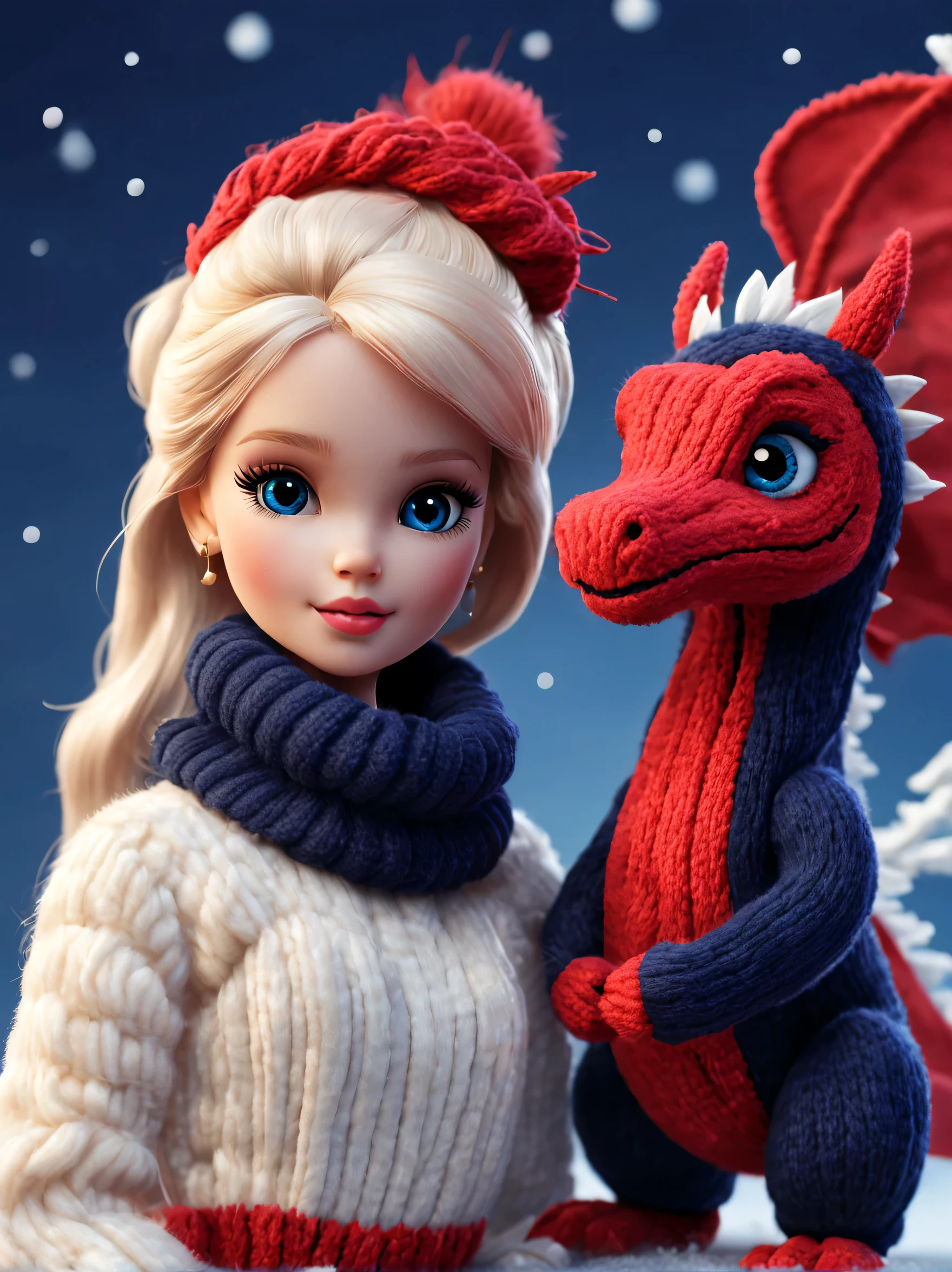 (Plush toy design),Naughty and cute Barbie doll and little dragon,(wool craft),(Fluffy:0.68) ,Winter high fashion with sweaters and scarves, Cute 3d rendering,Background with:dark navy blue+fiery red,,Cute and detailed digital art,Miniature feeling,stylized 3d render,3d rendered figure art 8k,lovely digital painting,Anime style 3D,Ultra-detailed rendering