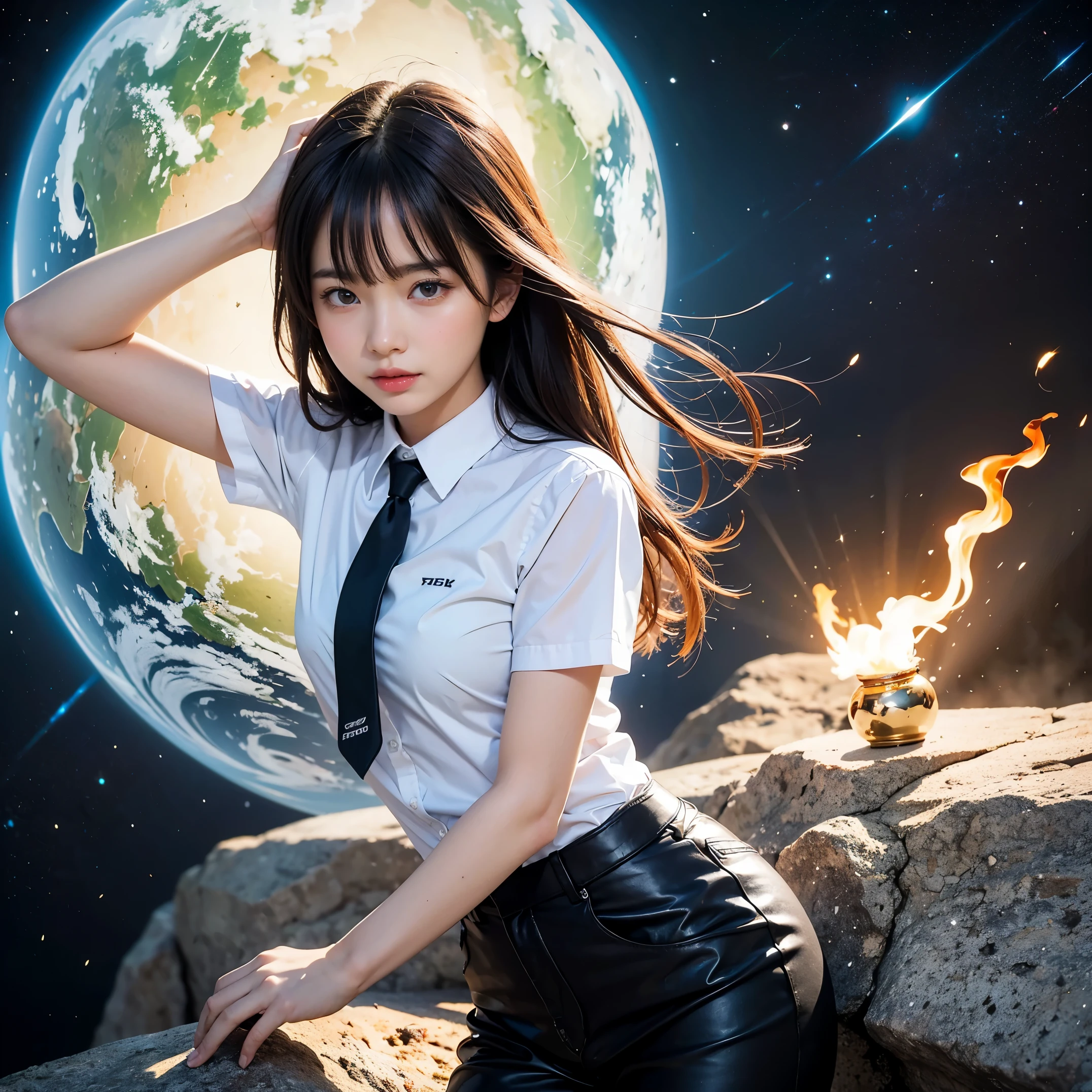 (masutepiece, Best Quality:1.2), 8K, Official art, Surprised expression、chest、kawaii、put one's hand over one's mouth、Wearing a suit、Gesture of removing tie、chestが見える、Rough image of a girl in uniform holding a globe, official artwork, portrait anime space cadet girl, with earth, girl in space, Space High School, Space Girl, planetes, Trending on CGSTATION, 太陽系外planetes, Official art, Mar Planet, beautiful anime high school girl, sakimichan, planetesの隣に浮かぶ, in intergalactic japan、Five Fingers Photos'Body of, full body Esbian、Suit Beauty、Big Dipper in the background、star explosion、A dark-hairedの美しい裸足の女性, hold a flame in your right hand、tie a tie with your right hand、Turn your face up、looking-down、cool expression、明るい溶岩の光が小planetes帯の下から壊れた地球の上に昇る(Jagged rock rocks and fragments shot into the air:1.3) (Storm of windy dust debris:1.1) Volume fogmist by trace Z、It can allow bright light from below to pass through、 (masterpiece) (top-quality) (detaileds) (8K) (电影灯光) (foco nítido) (Convoluted)A dark-haired、14years、small tits、A delightful、A smile、unbelievable Ridiculous, (a beauty girl, Pretty Face, arching back down, Gold hair ornament on hair、wearing a suits、close up, Wearing a suit, Short sleeve, gardenia, violaceaess, spaces , Looking at Viewer, Film grain, chromatic abberation, オッパイfoco nítido, face lights, Dynamic lighting, Cinematic lighting, detailedsな目と顔, (Gray tie、1 copy:1.2)