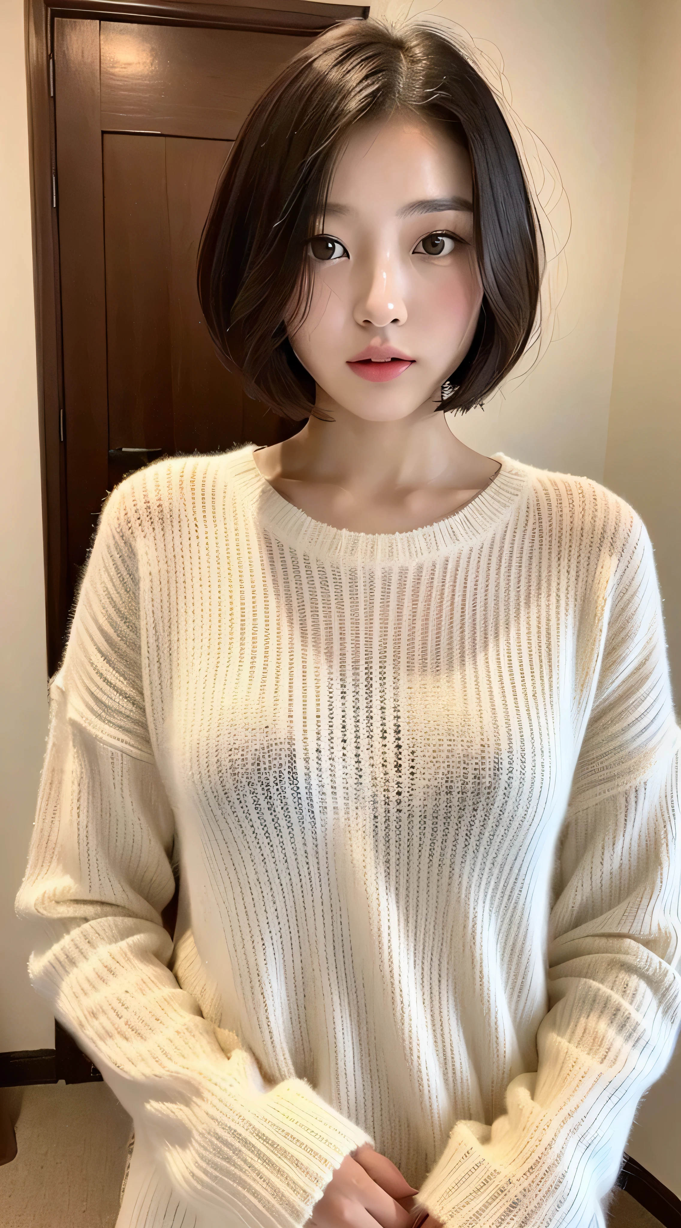 (top-quality、8K、32K、masterpiece、nffsw:1.2)、Photo of a cute Japanese woman、1girl in、(Tall lady)、(s lips)、(Short bob hair:1.1)、二重まぶた、White sweater