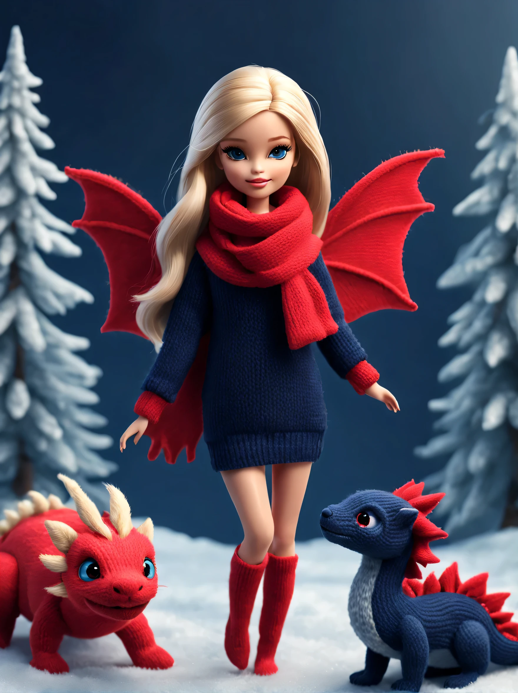 (Plush toy design),Naughty and cute Barbie doll and little dragon,(wool craft),(Fluffy:1.1) ,Winter high fashion with sweaters and scarves, Cute 3d rendering,Background with:dark navy blue+fiery red,,Cute and detailed digital art,Miniature feeling,stylized 3d render,3d rendered figure art 8k,lovely digital painting,Anime style 3D,Ultra-detailed rendering