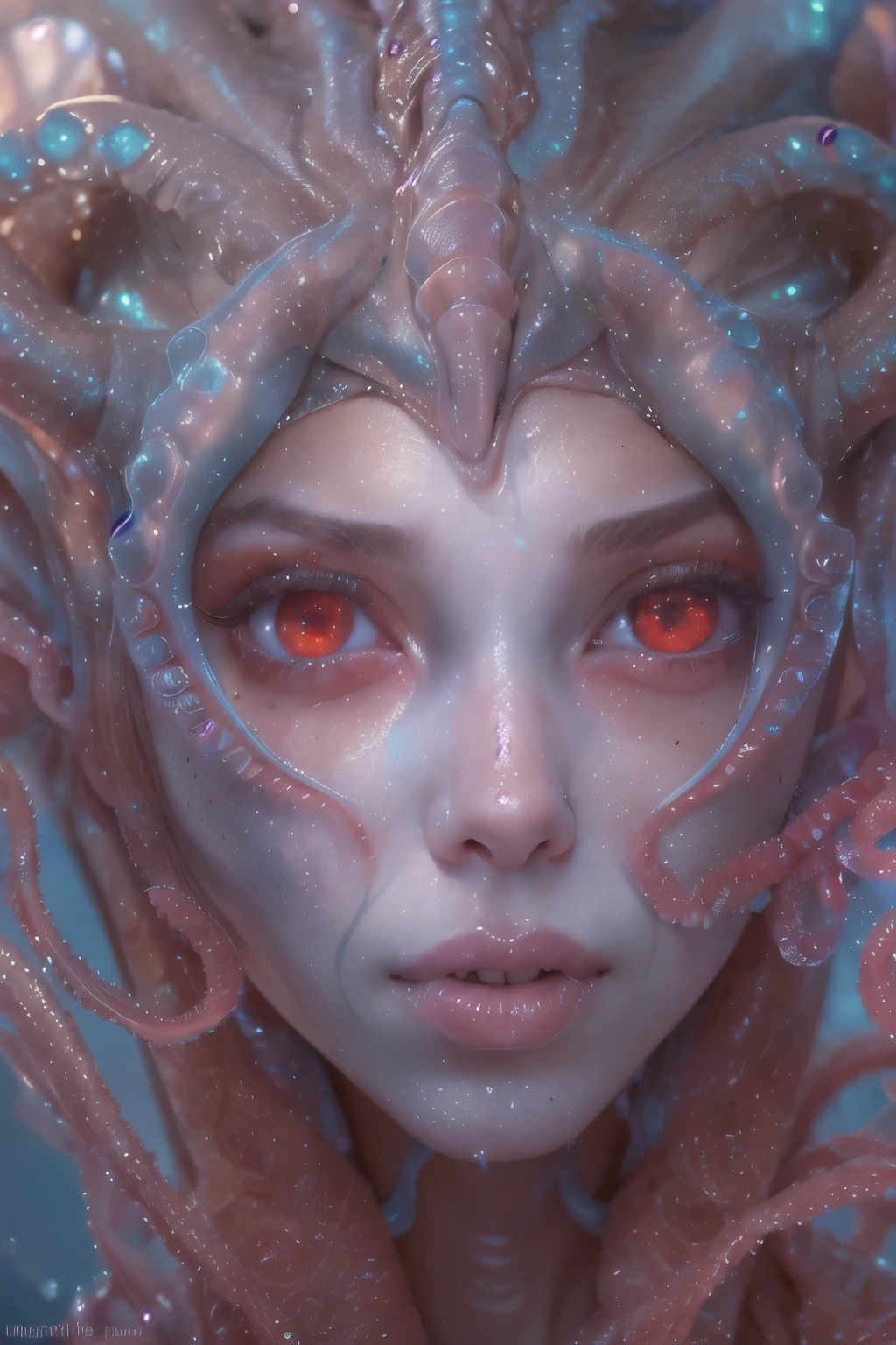 Portrait, (beautiful female alien:1.2),  (she has red eyes with no pupils:1.8), (Translucent skin:1.7),  (There is a female genital-like organ in the middle of the forehead:1.9), (The most beautiful face in the history of the universe:1.2),an evil gaze that seduces, (large mouth:1.1), (sharp teeth like a vampire:1.2), Full body like, (bio luminescent:1.5), (Smile wickedly:1.3),  (sexypose:1.5), alien, No humans, cells are fused, (Lots of translucent tentacles:1.3) extraterrestrial, cell, bio image, Best Quality, 8K,4K_quality, High Definition, Dramatic Lighting, masutepiece:1.5,cinematic quality, detail up, (Intricate details:1.2), High resolution, High Definition, drawing faithfully, (Thick eyebrows:1.2), Beautiful eyes with fine symmetry,(Highly detailed face and eyes:1.2), Intimate face, (Super detailed skin quality feeling:1.4), Perfect Anatomy,  (Beautiful toned body:1.5),  (Moist skin:1.2), No makeup, (dark circles:1.1), long canines, cinematic drawing of characters, ultra high quality model, cinematic quality, detail up, (Intricate details:1.2), High resolution, High Definition, drawing faithfully, Official art, Unity 8K wall  , 8K Portrait, Best Quality, Very High resolution, ultra detailed artistic photography, midnight aura,  unreal enginee 5, Ultra Sharp Focus, art by alberto seveso, ArtGerm, Roisch, intricate artwork, best quality, masutepiece, ultra High resolution, (photos realistic:1.4), Ultra-realistic realism, dream-like,  nautilus, Creation of fantasy, Snail, Dream Snail,  biopunk nautilus, Thrilling color schemes， Ultra-realistic realism， seductively smiling, Blue tentacles,