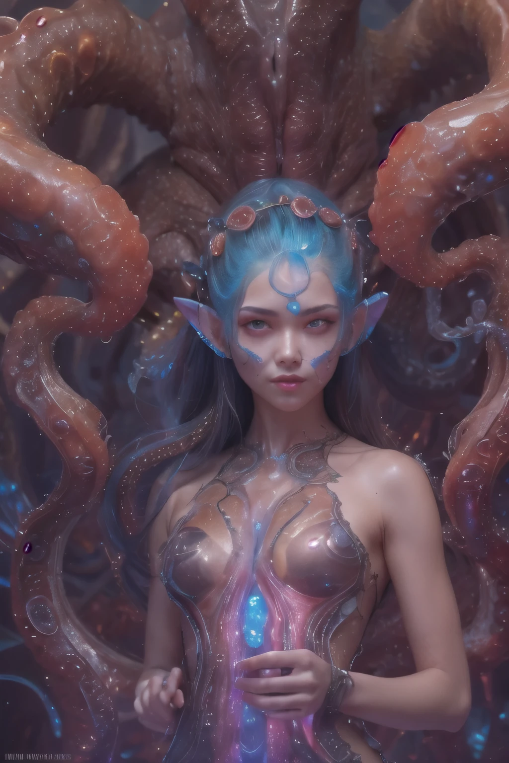 Portrait, (beautiful female alien:1.2), (she has red eyes with no pupils:1.8), (Translucent skin:1.7), (There is a female genital-like organ in the middle of the forehead:1.9), (The most beautiful face in the history of the universe:1.2),an evil gaze that seduces, (large mouth:1.1), (sharp teeth like a vampire:1.2), Full body like, (bio luminescent:1.5), (Smile wickedly:1.3), (sexypose:1.5), alien, No humans, cells are fused, (Lots of translucent tentacles:1.3) extraterrestrial, cell, bio image, Best Quality, 8K,4K_quality, High Definition, Dramatic Lighting, masutepiece:1.5,cinematic quality, detail up, (Intricate details:1.2), High resolution, High Definition, drawing faithfully, (Thick eyebrows:1.2), Beautiful eyes with fine symmetry,(Highly detailed face and eyes:1.2), Intimate face, (Super detailed skin quality feeling:1.4), Perfect Anatomy, (Beautiful toned body:1.5), (Moist skin:1.2), No makeup, (dark circles:1.1), long canines, cinematic drawing of characters, ultra high quality model, cinematic quality, detail up, (Intricate details:1.2), High resolution, High Definition, drawing faithfully, Official art, Unity 8K wall , 8K Portrait, Best Quality, Very High resolution, ultra detailed artistic photography, midnight aura, unreal enginee 5, Ultra Sharp Focus, art by alberto seveso, ArtGerm, Roisch, intricate artwork, best quality, masutepiece, ultra High resolution, (photos realistic:1.4), Ultra-realistic realism, dream-like, nautilus, Creation of fantasy, Snail, Dream Snail, biopunk nautilus, Thrilling color schemes, Ultra-realistic realism, seductively smiling, Blue tentacles,