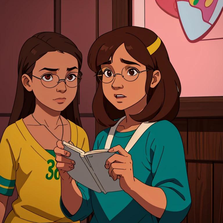 "Only one girl. a Brazilian character: a sweet, -year-olderwei, white girl from Rio de Janeiro with a medium-length long bob hairstyle. Her hair is brown with pink-tipped ends. She's a geek and gamer, wears glasses(Harry potter style), she has a brown eyes and has an amiable expression."