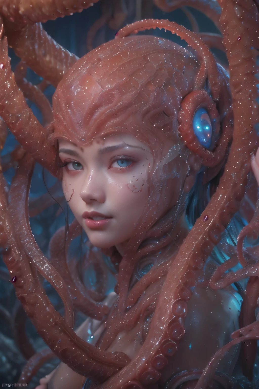 Portrait, (beautiful female alien:1.2), (she has red eyes with no pupils:1.8), (Translucent skin:1.7), (There is a female genital-like organ in the middle of the forehead:1.9), (The most beautiful face in the history of the universe:1.2),an evil gaze that seduces, (large mouth:1.1), (sharp teeth like a vampire:1.2), Full body like, (bio luminescent:1.5), (Smile wickedly:1.3), (sexypose:1.5), alien, No humans, cells are fused, (Lots of translucent tentacles:1.3) extraterrestrial, cell, bio image, Best Quality, 8K,4K_quality, High Definition, Dramatic Lighting, masutepiece:1.5,cinematic quality, detail up, (Intricate details:1.2), High resolution, High Definition, drawing faithfully, (Thick eyebrows:1.2), Beautiful eyes with fine symmetry,(Highly detailed face and eyes:1.2), Intimate face, (Super detailed skin quality feeling:1.4), Perfect Anatomy, (Beautiful toned body:1.5), (Moist skin:1.2), No makeup, (dark circles:1.1), long canines, cinematic drawing of characters, ultra high quality model, cinematic quality, detail up, (Intricate details:1.2), High resolution, High Definition, drawing faithfully, Official art, Unity 8K wall , 8K Portrait, Best Quality, Very High resolution, ultra detailed artistic photography, midnight aura, unreal enginee 5, Ultra Sharp Focus, art by alberto seveso, ArtGerm, Roisch, intricate artwork, best quality, masutepiece, ultra High resolution, (photos realistic:1.4), Ultra-realistic realism, dream-like, nautilus, Creation of fantasy, Snail, Dream Snail, biopunk nautilus, Thrilling color schemes, Ultra-realistic realism, seductively smiling, Blue tentacles,