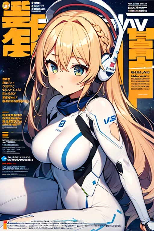 独奏、Braiding、1 girl in、depth of fields、Long Blonde Hair、Inside the space station、Make eye contact、sitting on、masterpiece、top-quality、(top-quality)、((masterpiece))、(hight resolution)、Original、Very detailed 8k wallpaper、(extremely delicate and beautiful)、((A detailed face))、(white futuristic bodysuit spacesuit):1.3,beautiful finely detailed eyes、Hair that flutters in the wind、dishevled hair、lensflare、1 girl in、full body Esbian、(blue eyess)、(head phone)、(yellow hair)、(Cute :1.1)、Beautiful fine eyes、orange color hair、Very long hair、tiny chest、(looking at the viewers)、(magazine:1.3)、(coversスタイル:1.3)、Fashionable、femele、with a vibrant、outfits、the pose、the front、Colorful、Dynamic、Background with、element、I'm confident、expresive、ngel、statement、accessorized、An majestic、coiled、surroundings、Touch、The scene、Texto、covers、It's bold、captures the attention、Titles、Stylish、Font、Catchy、headline、The large、Impressive、moderno、Trendy、Focus、lo fashion