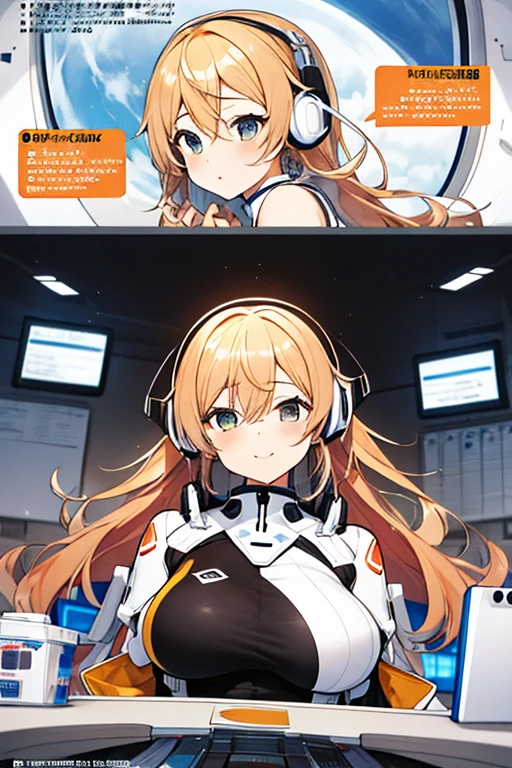 top-quality、masuter piece、covers、2girls、(White spacesuit)、(a blond):1.5、(Futuristic, tight-fitting bodysuit)、head phone、Cyberpunk spaceship interior background、masterpiece、top-quality、